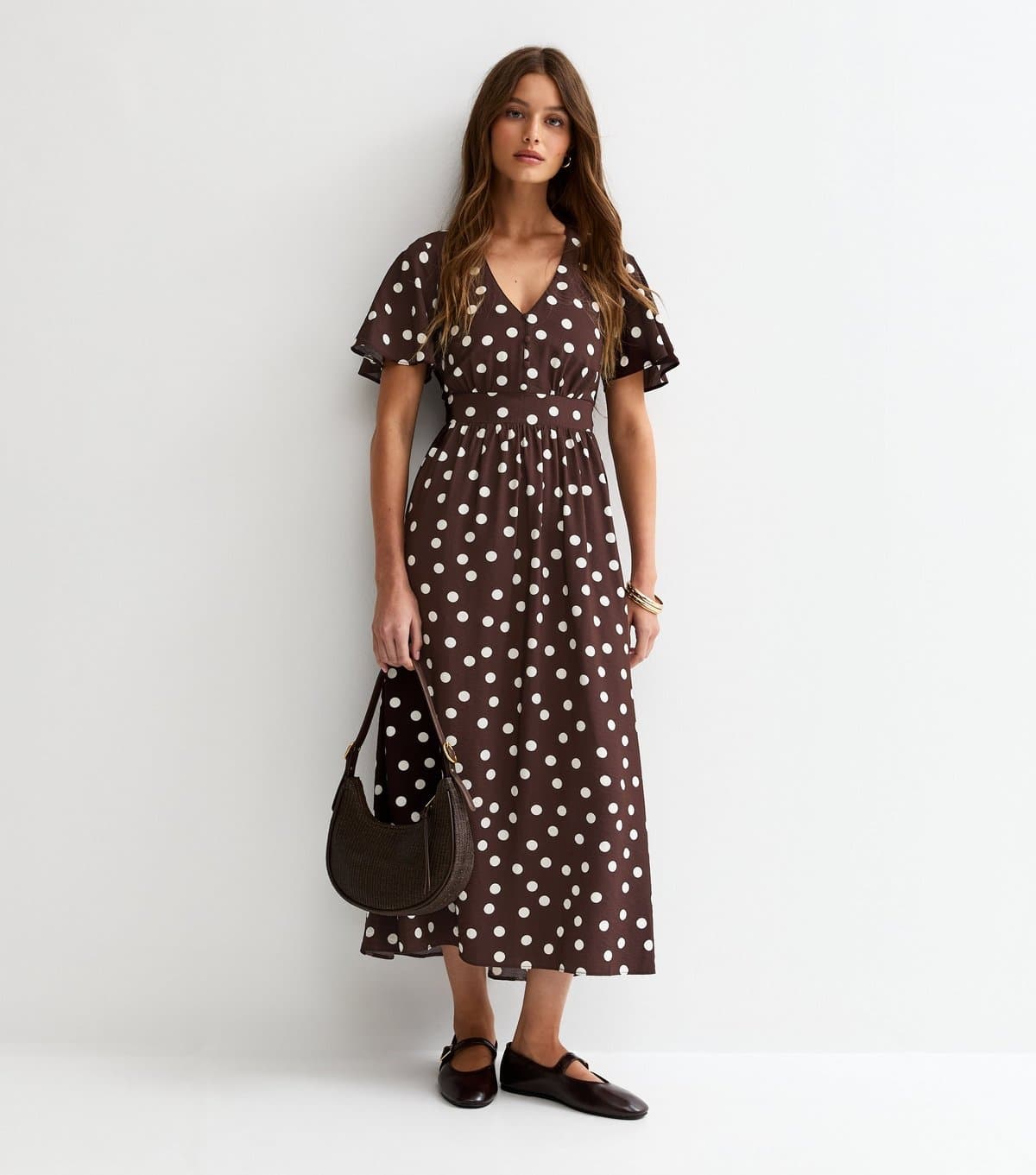 New Look Women's Brown Polka Dot Flutter Sleeve Midi Dress New Look