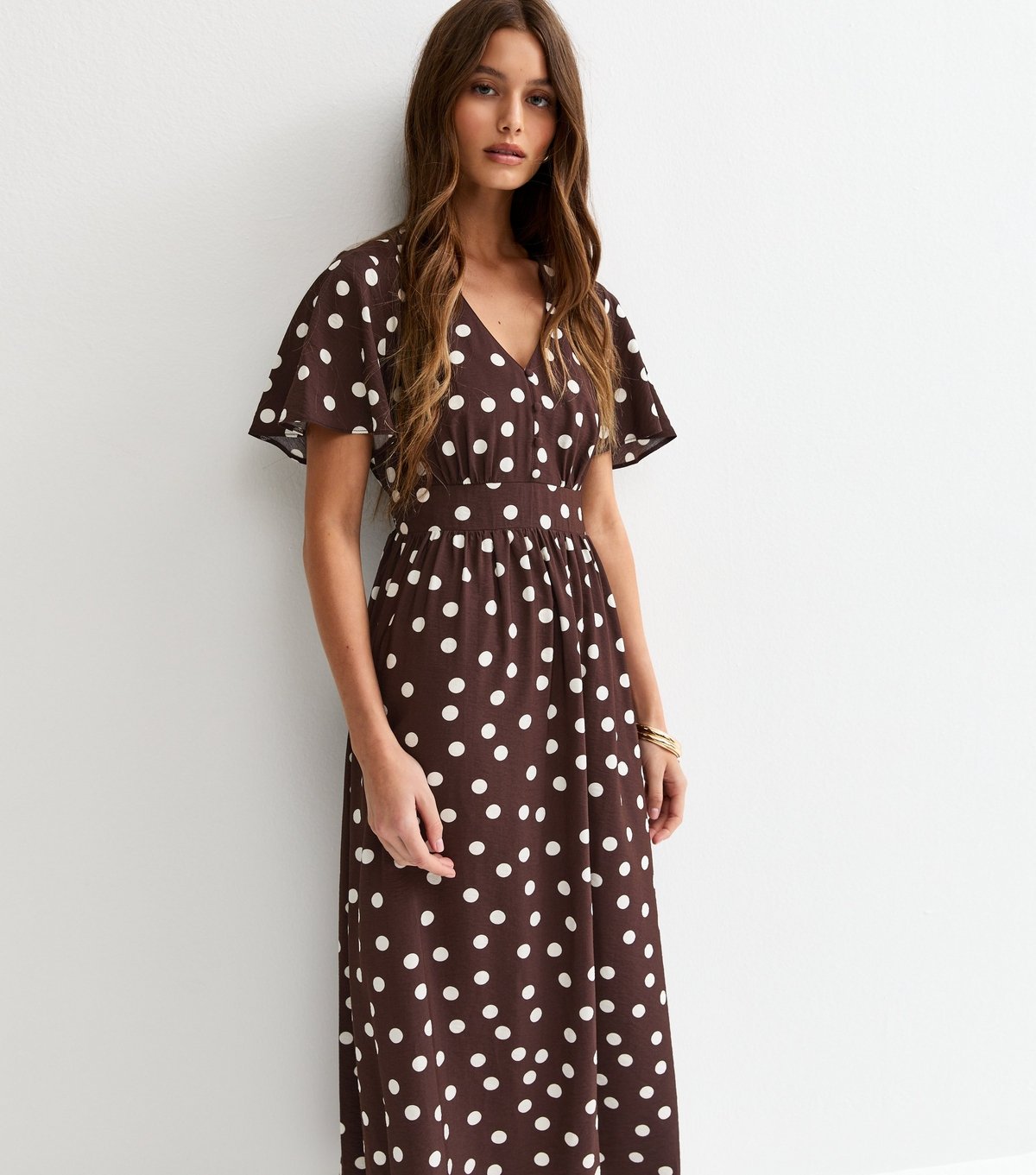 New Look Women's Brown Polka Dot Flutter Sleeve Midi Dress New Look - 3