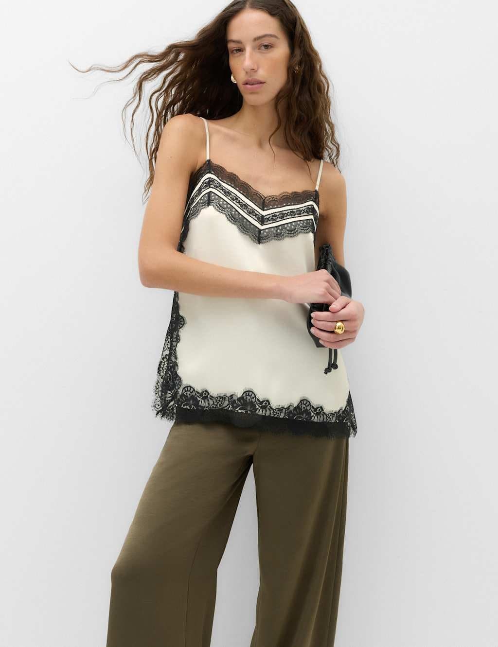 Marks & Spencer M&S Contrast Lace Trim Cami Top Ivory Mix