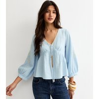 New Look Women's Light Blue Embroidered Sleeve Tea Blouse New Look - 1