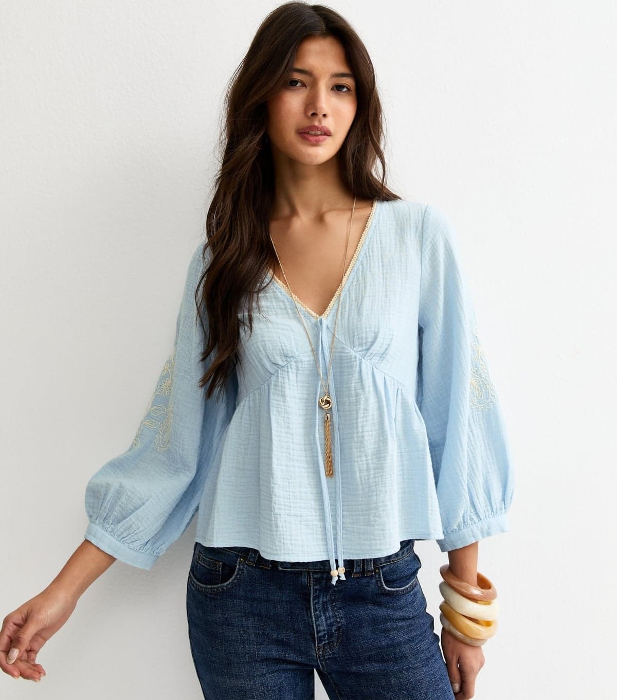 New Look Women's Light Blue Embroidered Sleeve Tea Blouse New Look
