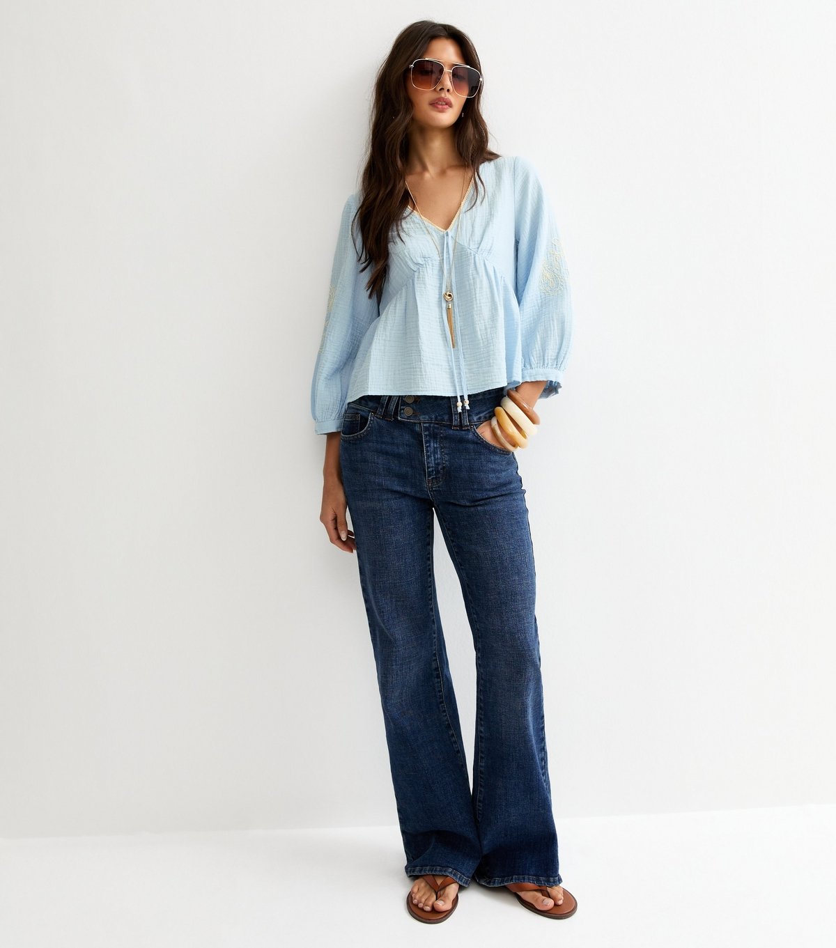 New Look Women's Light Blue Embroidered Sleeve Tea Blouse New Look - 3