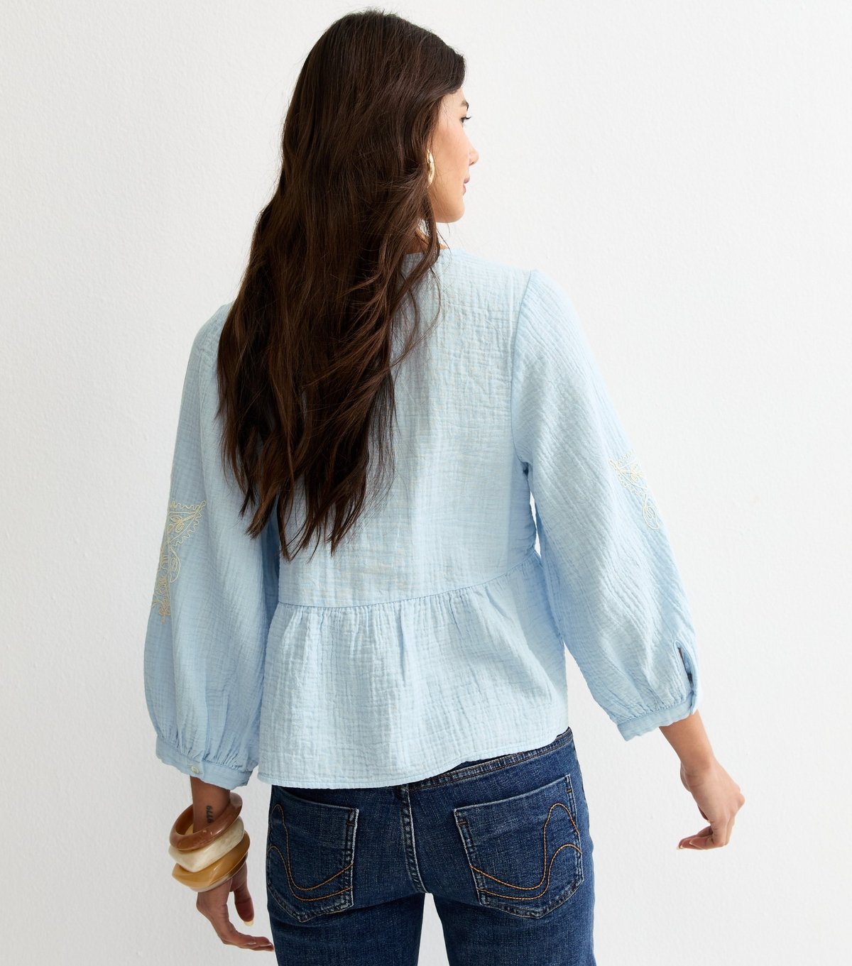 New Look Women's Light Blue Embroidered Sleeve Tea Blouse New Look - 4