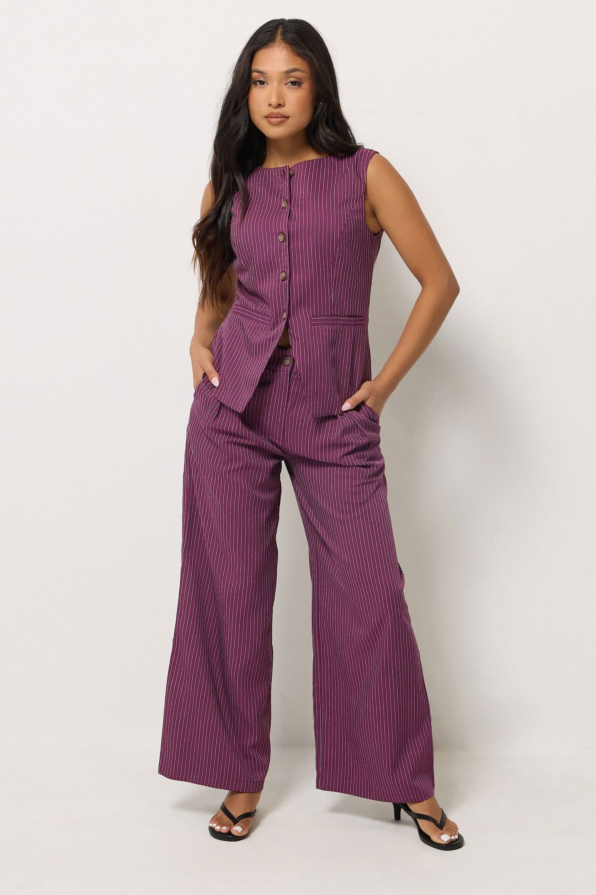 PixieGirl PixieGirl Women's Petite Pinstripe Waistcoat & Wide Leg Trousers in Burgundy