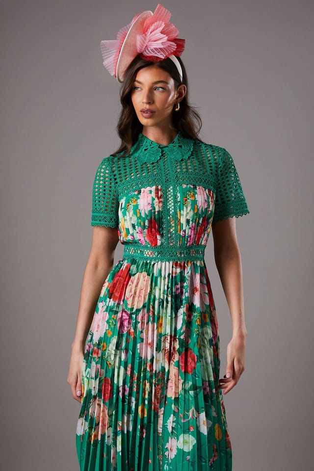 Coast Coast Women's Lisa Tan Lace Pleated Printed Midi Dress in Green - 2