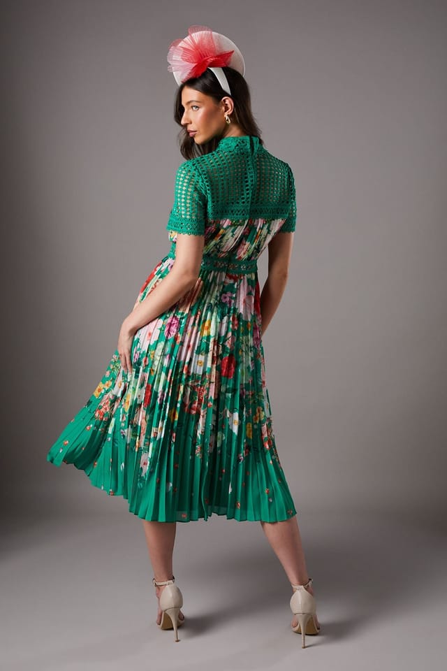 Coast Coast Women's Lisa Tan Lace Pleated Printed Midi Dress in Green - 3