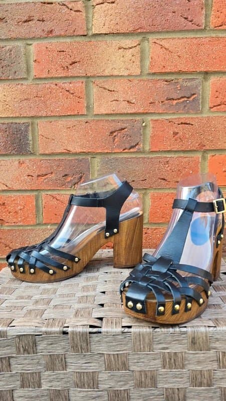 Topshop Vintage Italian Wooden Platform Studded Black Leather Clog Sandals  Boho Retro UK 6/39