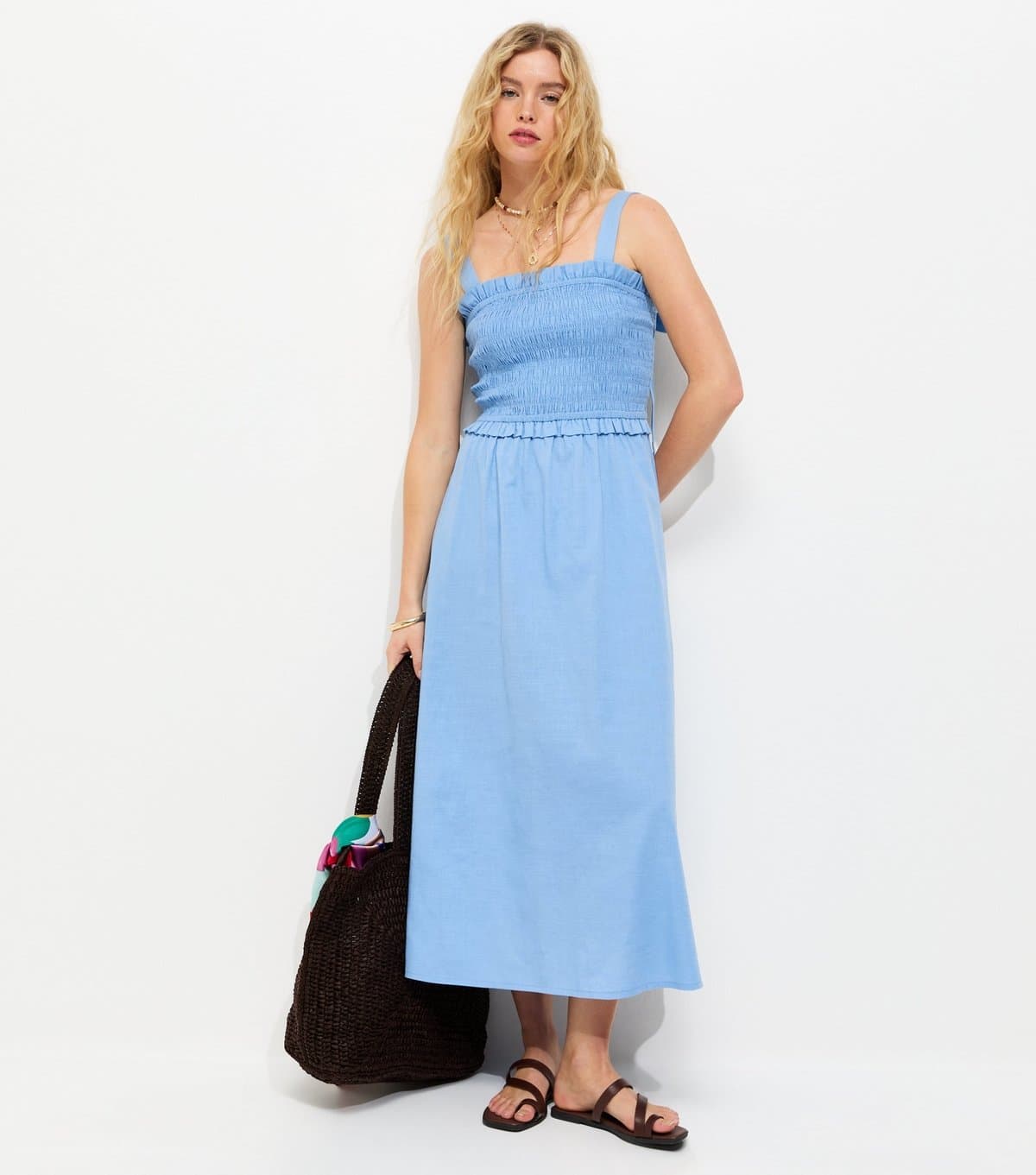 New Look Women's Light Blue Cotton Shirred Bow Strap Midi Dress New Look
