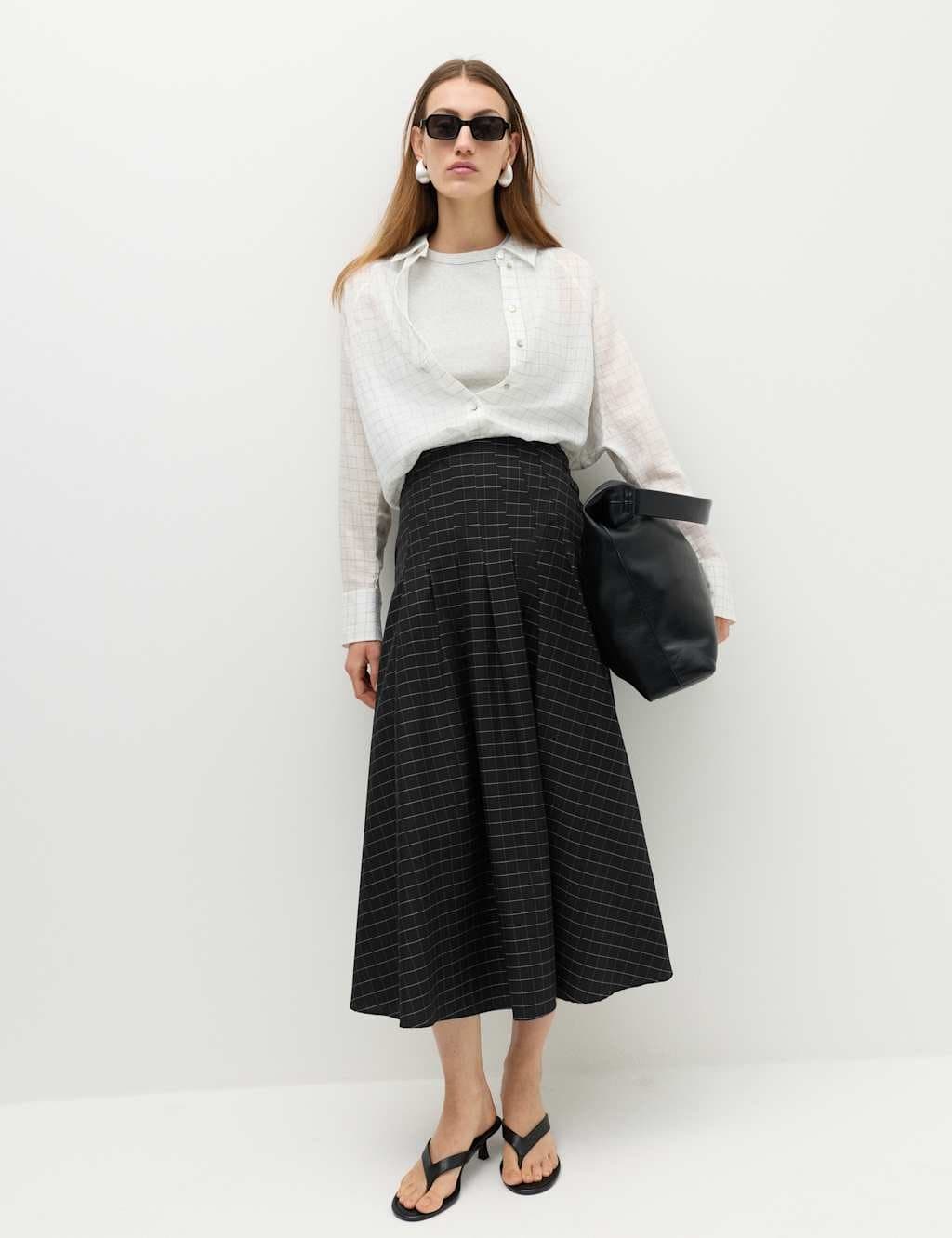 Marks & Spencer M&S Cotton Rich Checked Button Detail Maxi Skirt Black Mix