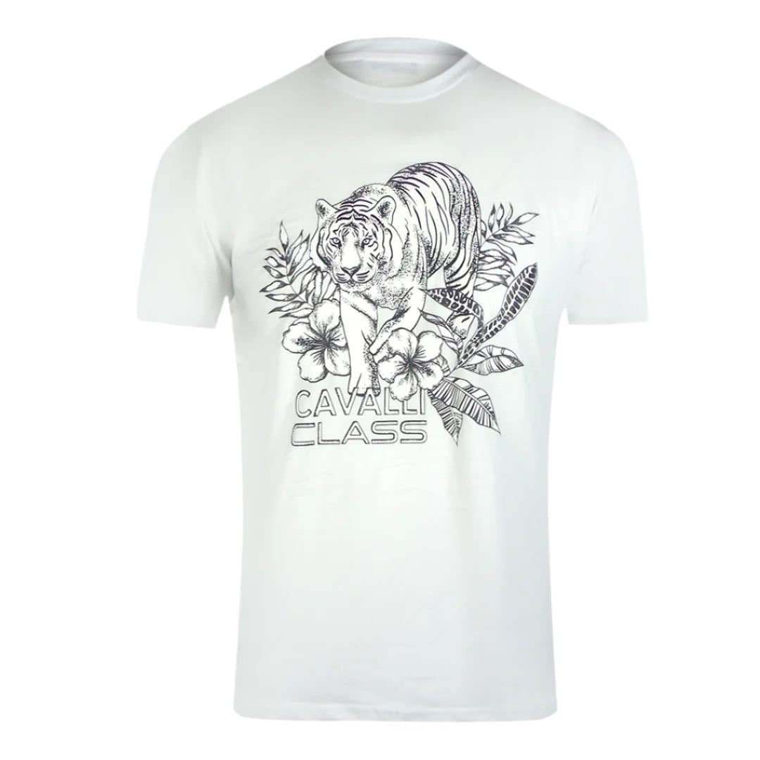 Cavalli Class Cavalli Class Men's Tiger Floral Logo White T-Shirt