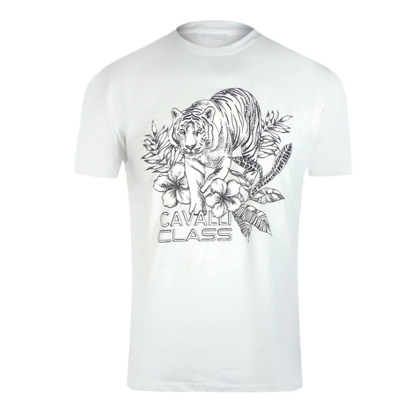 Cavalli Class Cavalli Class Men's Tiger Floral Logo White T-Shirt - 1