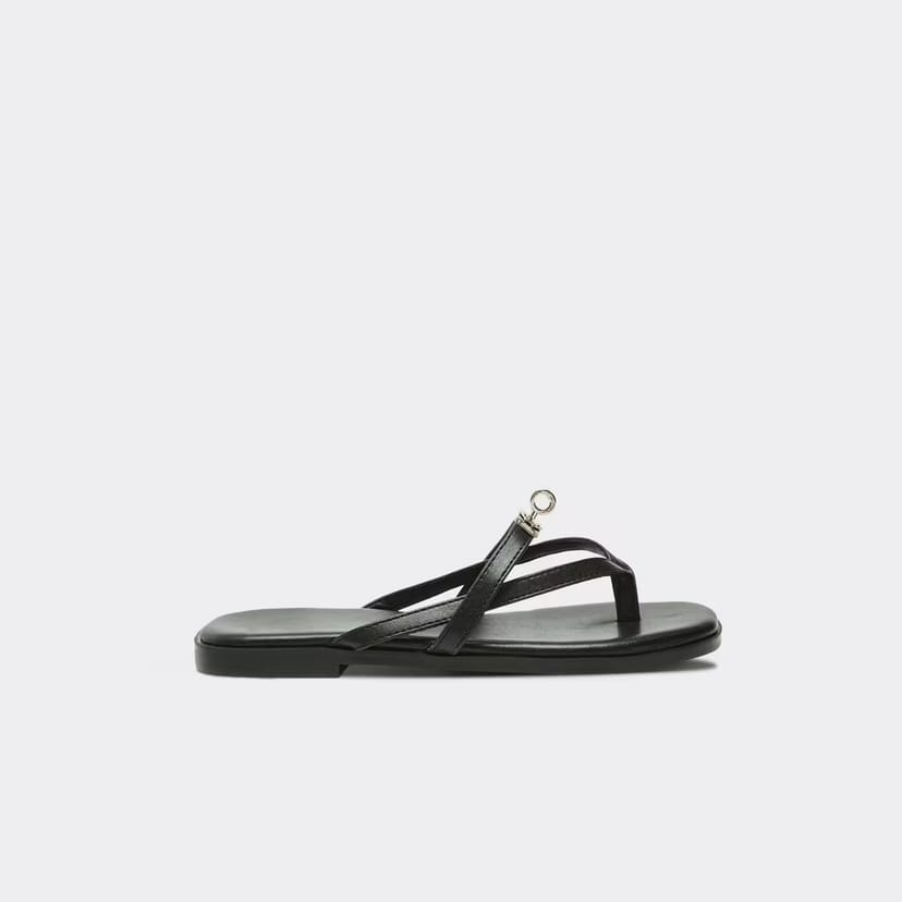 EGO Jedd Lock Detail Toe Loop Flat Slider Sandal In Black Faux Leather, Women's Size UK 3 - 1