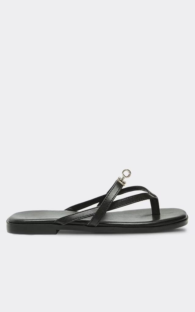 EGO Jedd Lock Detail Toe Loop Flat Slider Sandal In Black Faux Leather, Women's Size UK 3 - 2