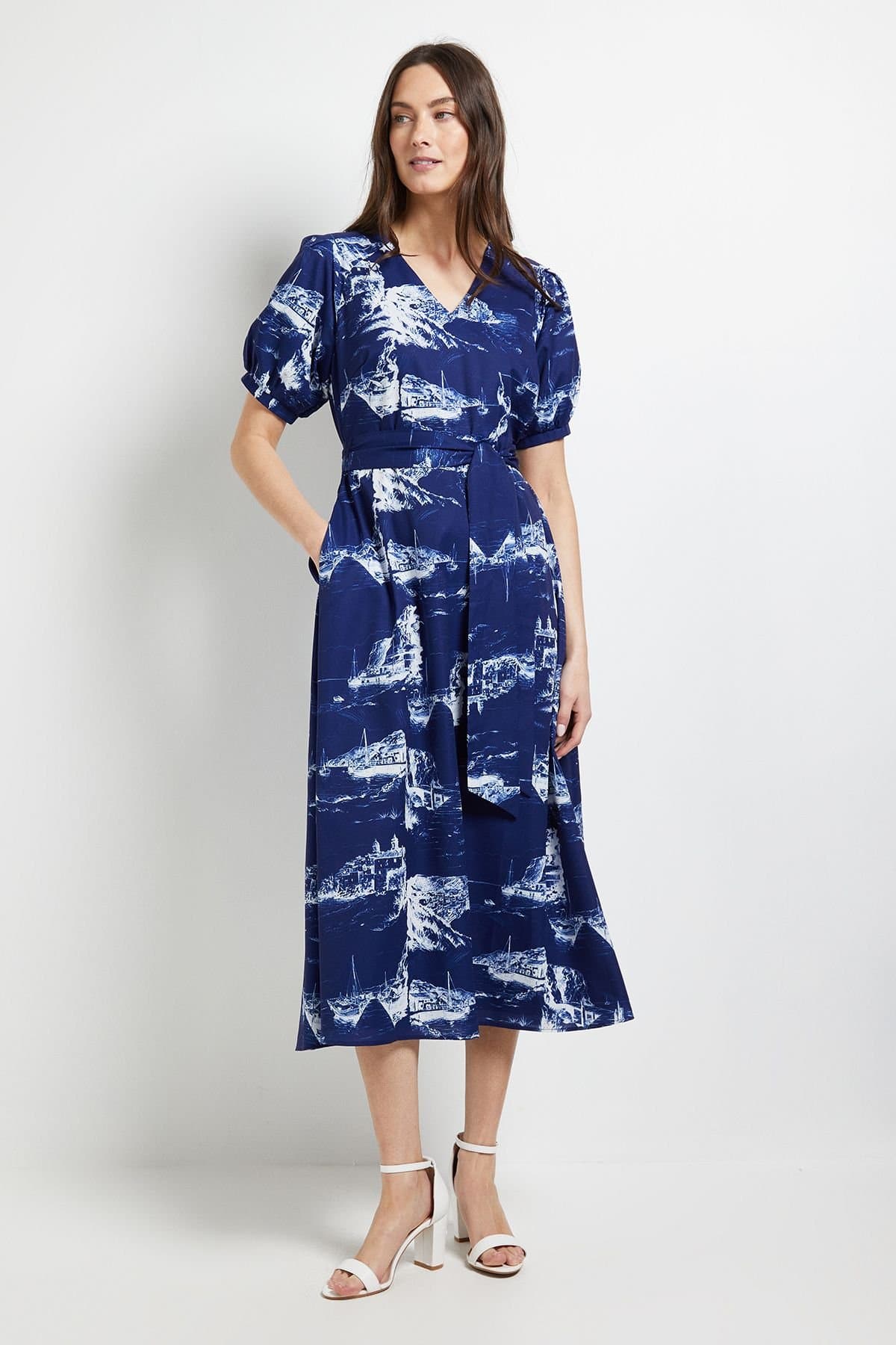 Principles Principles Women's Printed Puff Sleeve Midi Dress in Blue