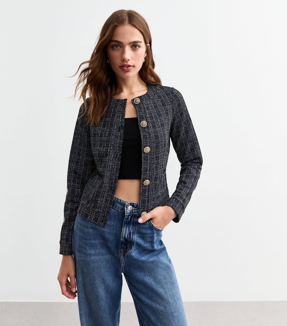 New Look Women's Navy Metallic Boucle Jersey Cardigan New Look