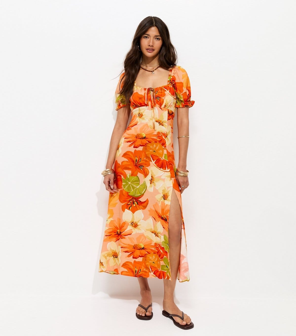 New Look Orange Floral Puff Sleeve Midi Dress