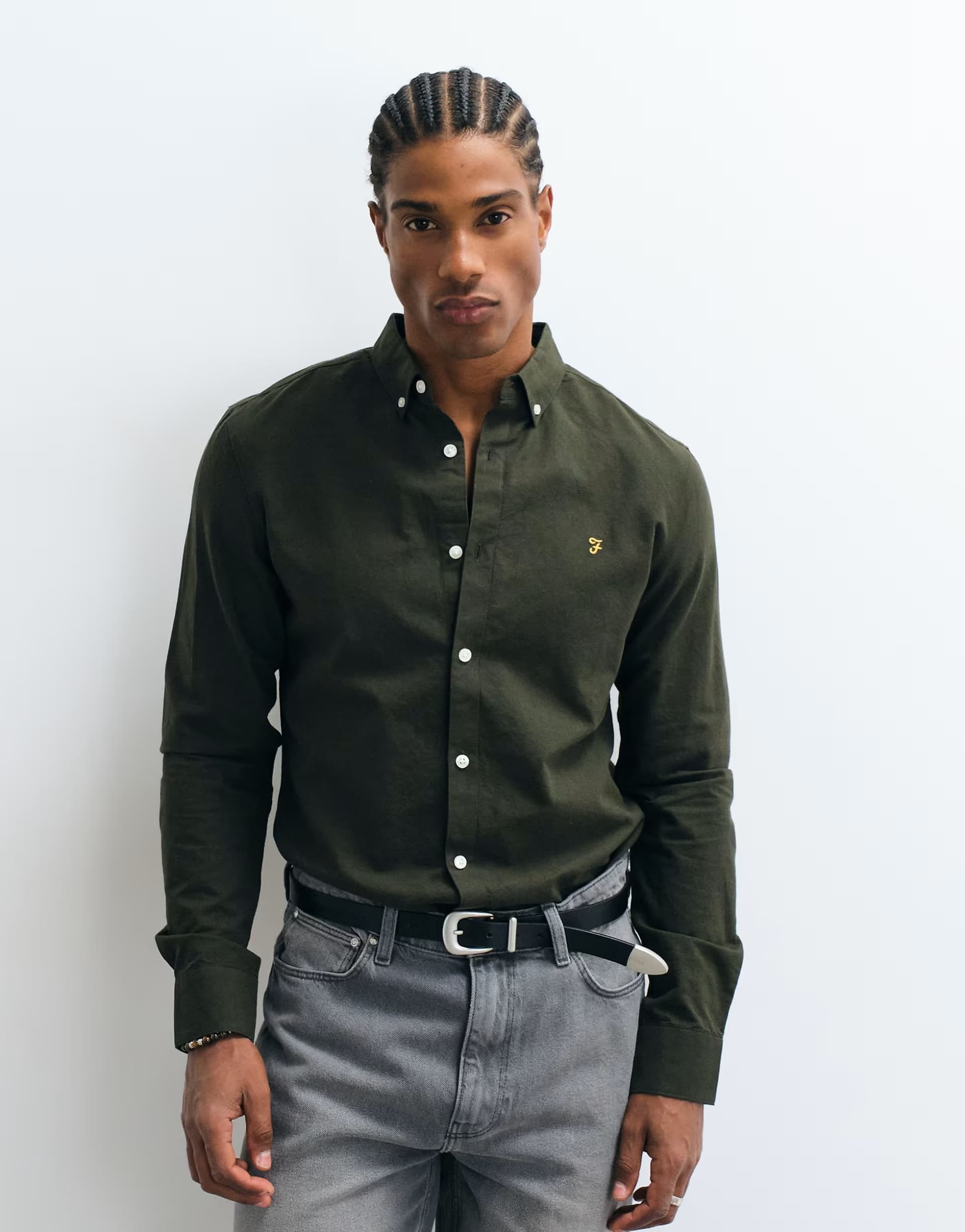 ASOS Farah Brewer long sleeve logo shirt in green