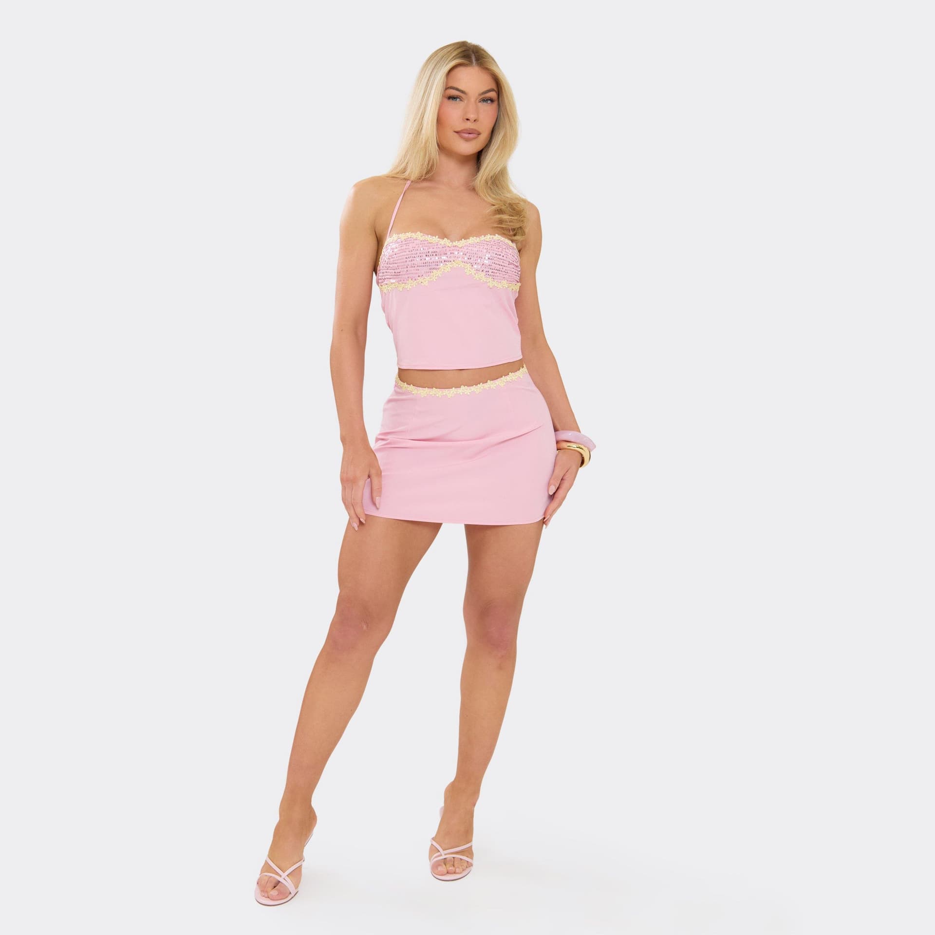 EGO Mid Rise Floral Hem Detail Mini Skirt In Pink, Women's Size UK 6