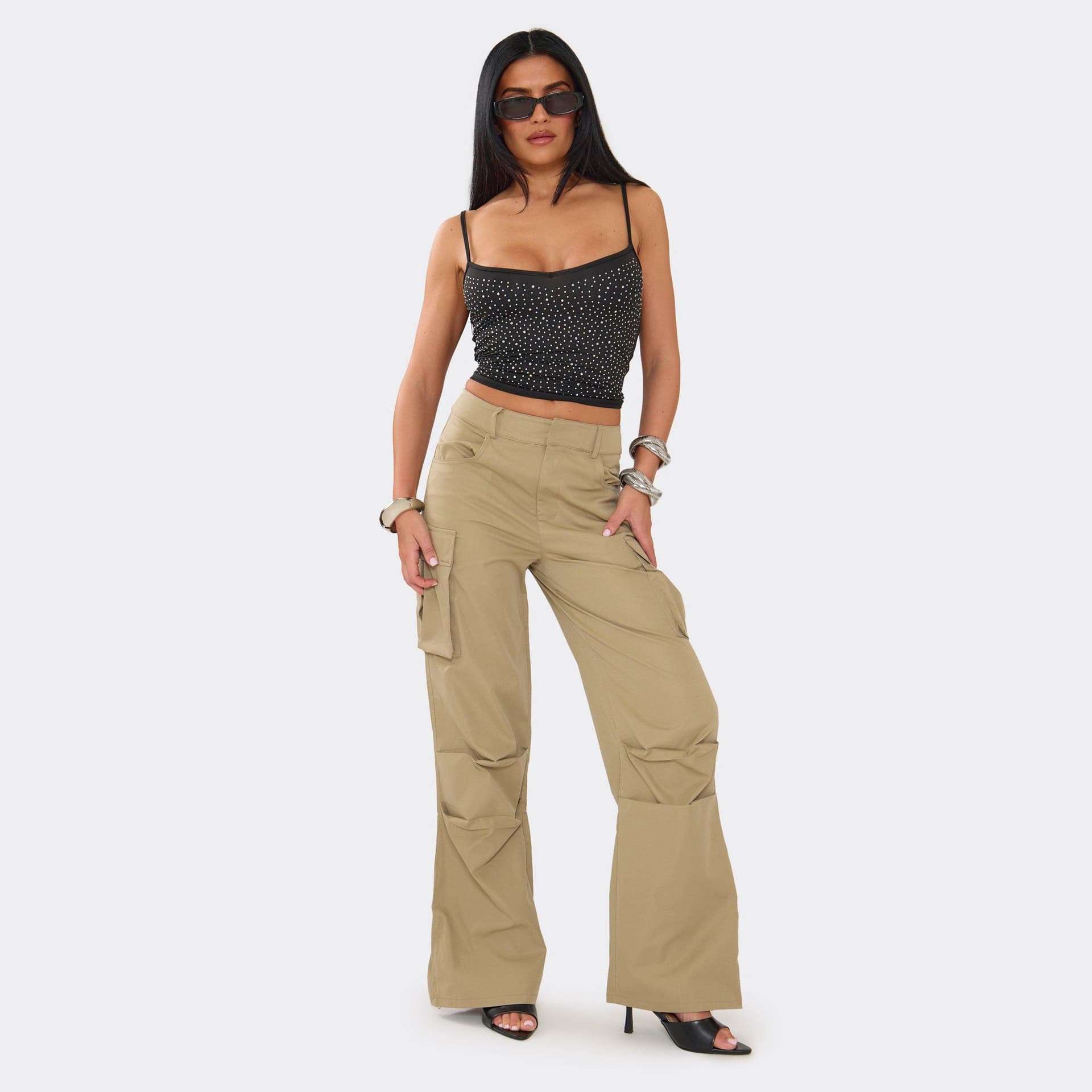 EGO Mid Rise Pocket Detail Utility Trousers In Stone, Women's Size UK 6