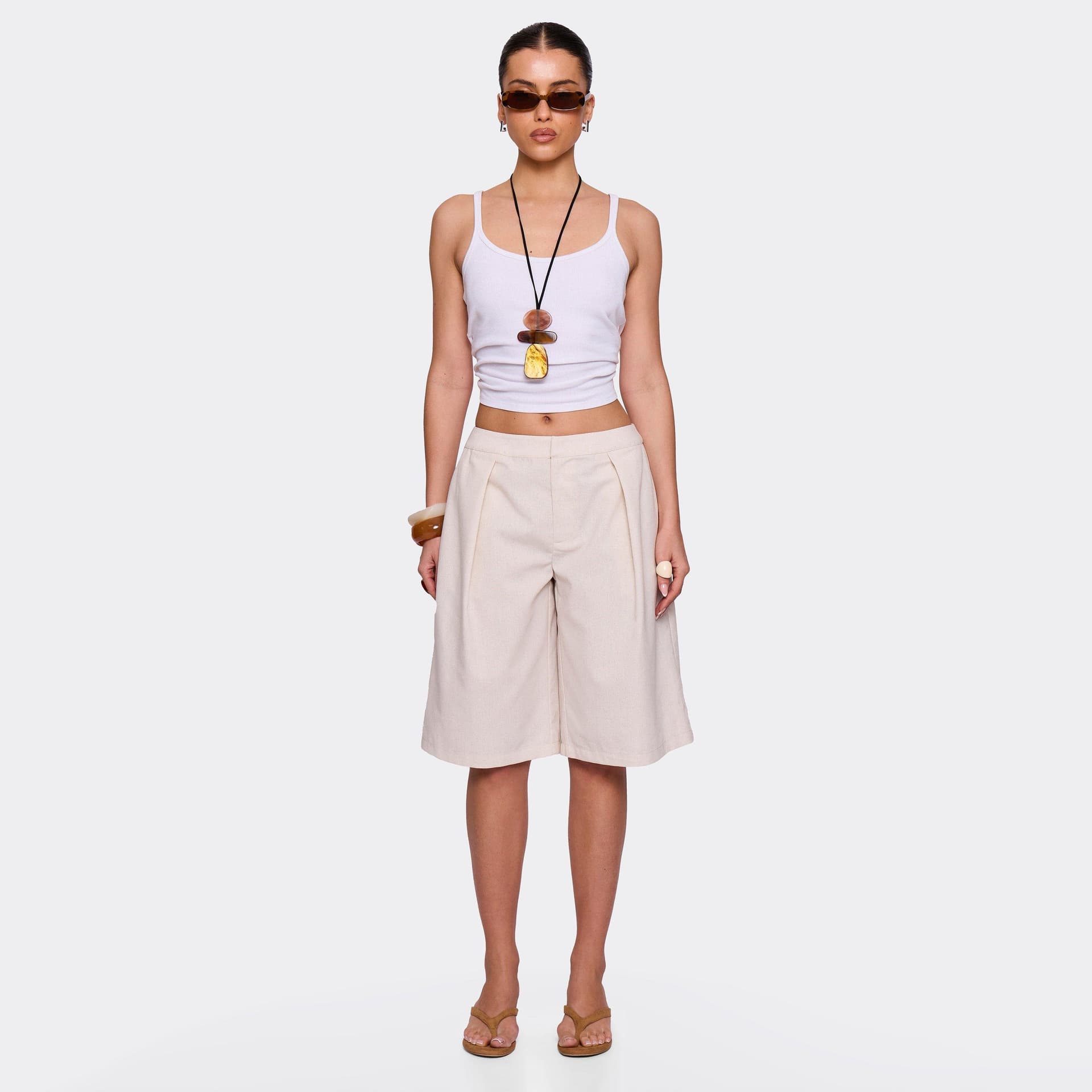 EGO EGO Brown Linen Pleated Front Jorts