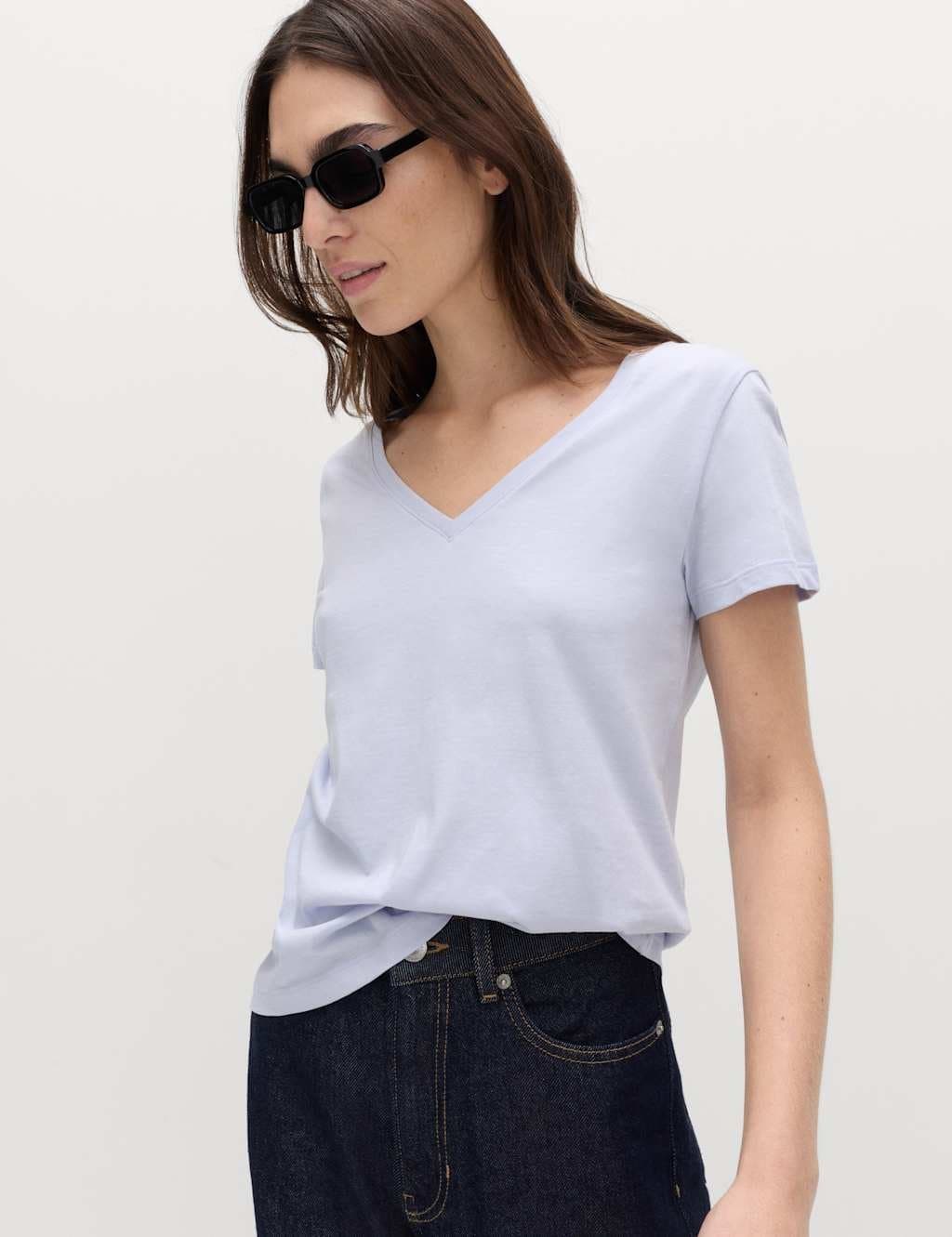 Marks & Spencer M&S Pure Cotton V-Neck T-Shirt Purple
