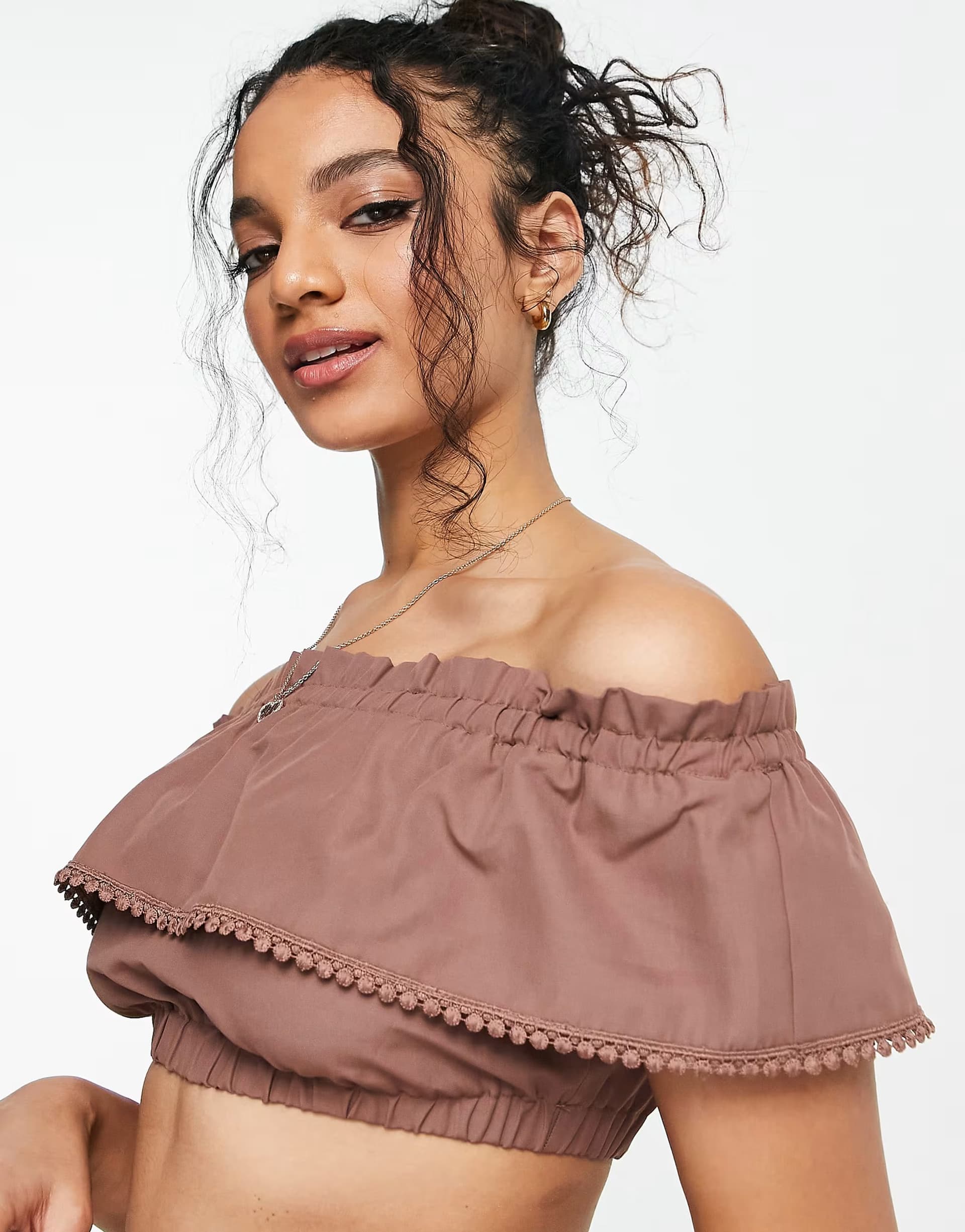 ASOS Threadbare beach ruffled skirt and crop top co-ord in chocolate