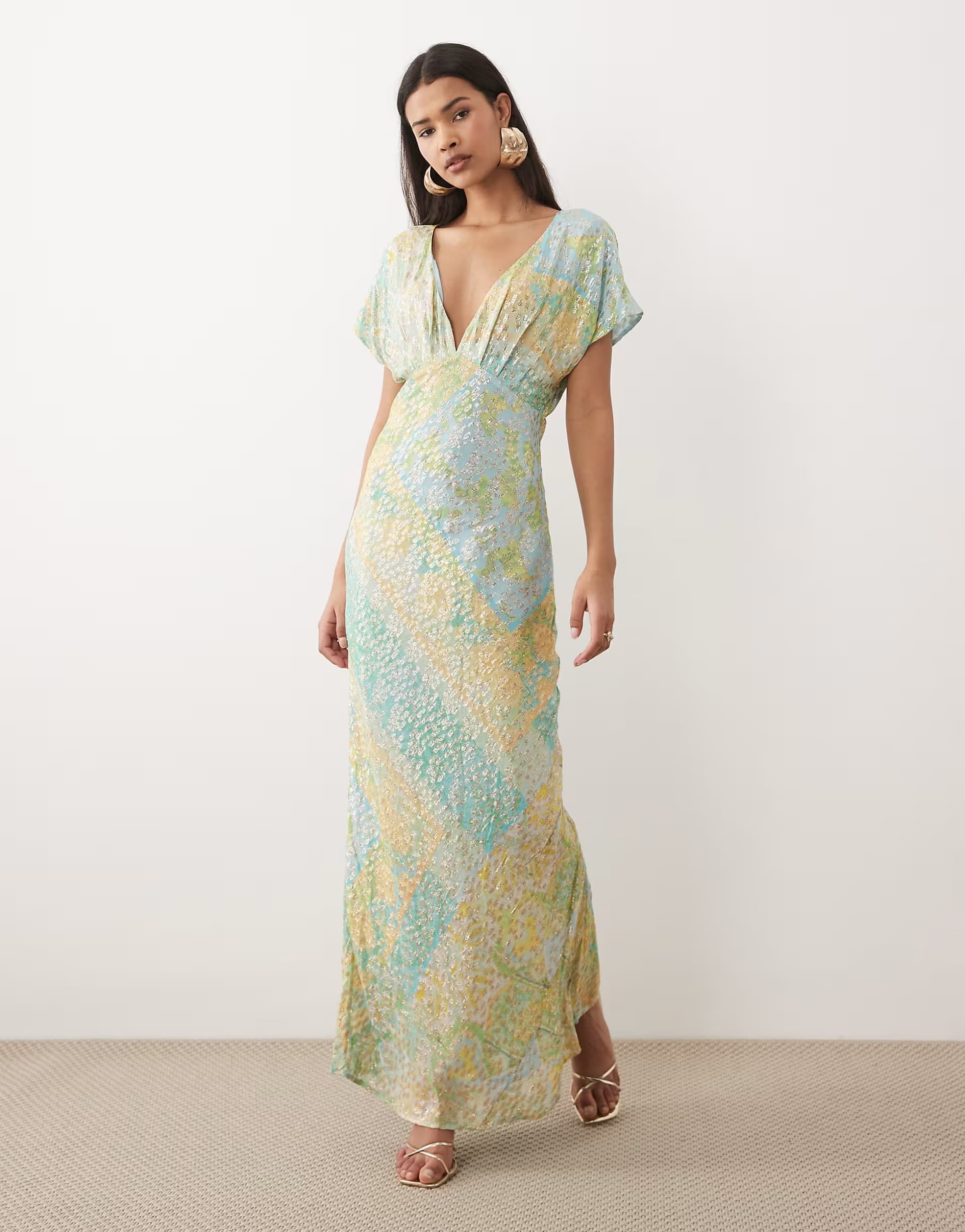 ASOS Never Fully Dressed v neck bias maxi dress in blue gold print