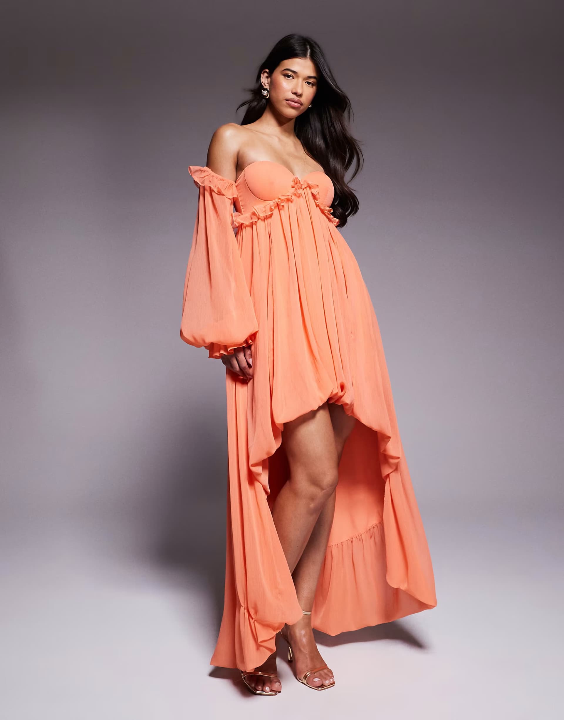 ASOS ASOS LUXE cupped bardot maxi dress with ruffle detail in coral