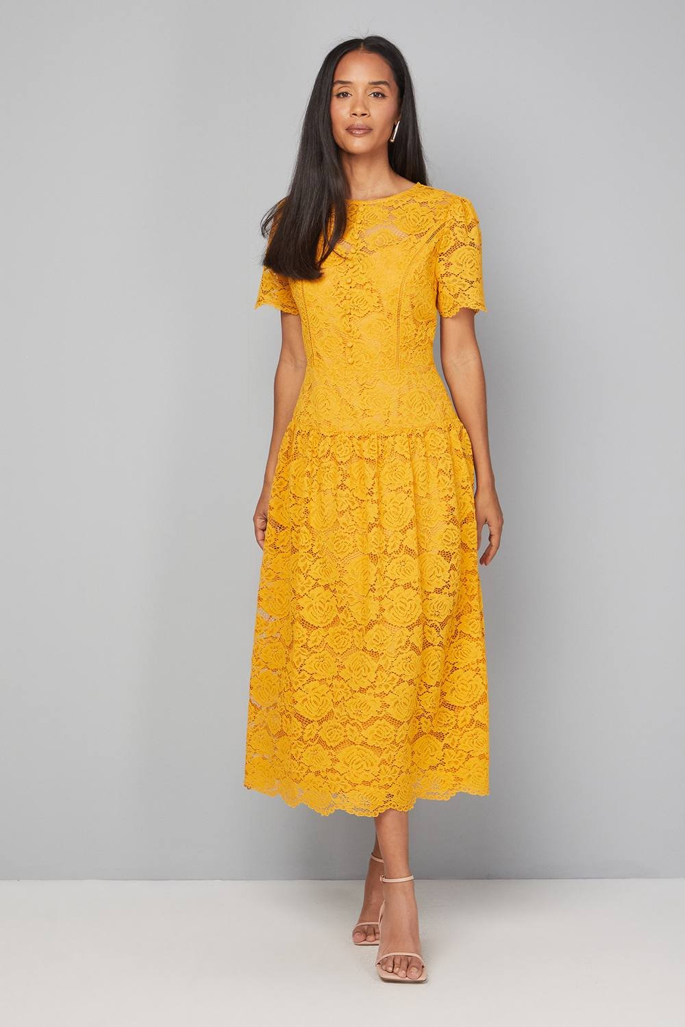 Wallis Wallis Women's Lace Button Detail Drop Hem Midi Dress in Mustard - 2