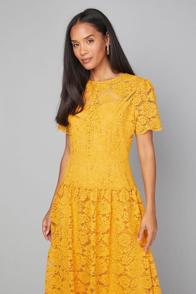 Wallis Wallis Women's Lace Button Detail Drop Hem Midi Dress in Mustard - 2