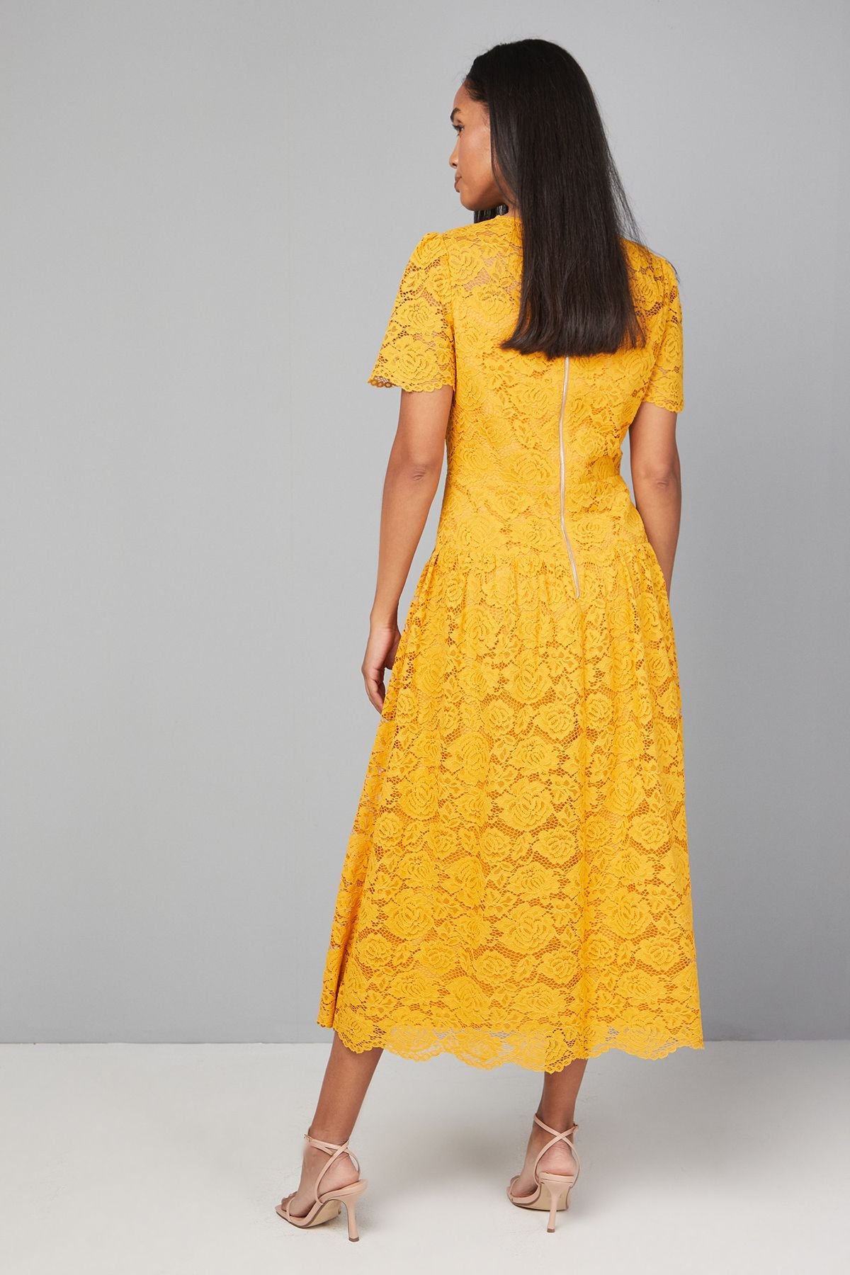 Wallis Wallis Women's Lace Button Detail Drop Hem Midi Dress in Mustard - 3