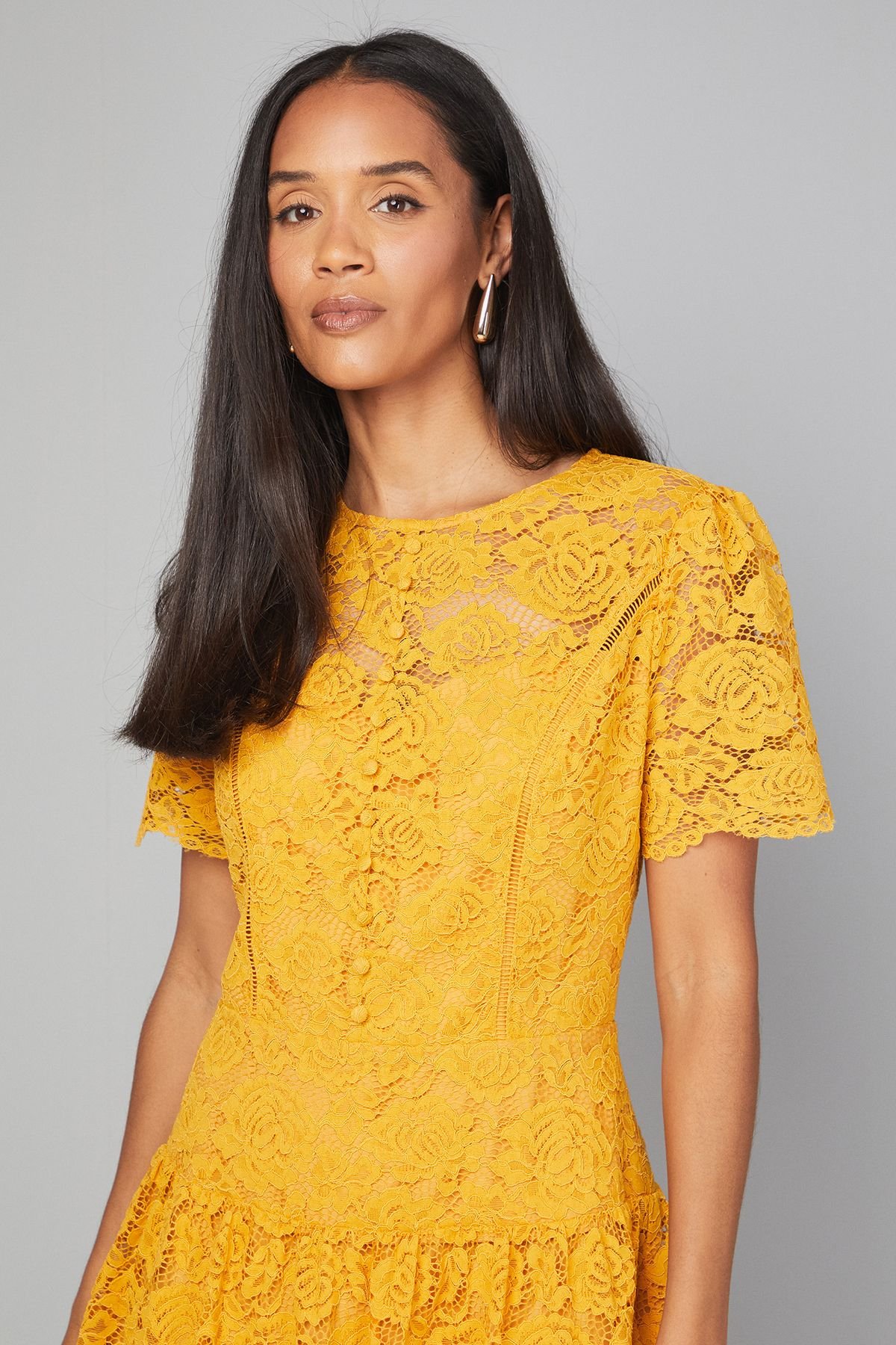 Wallis Wallis Women's Lace Button Detail Drop Hem Midi Dress in Mustard - 4