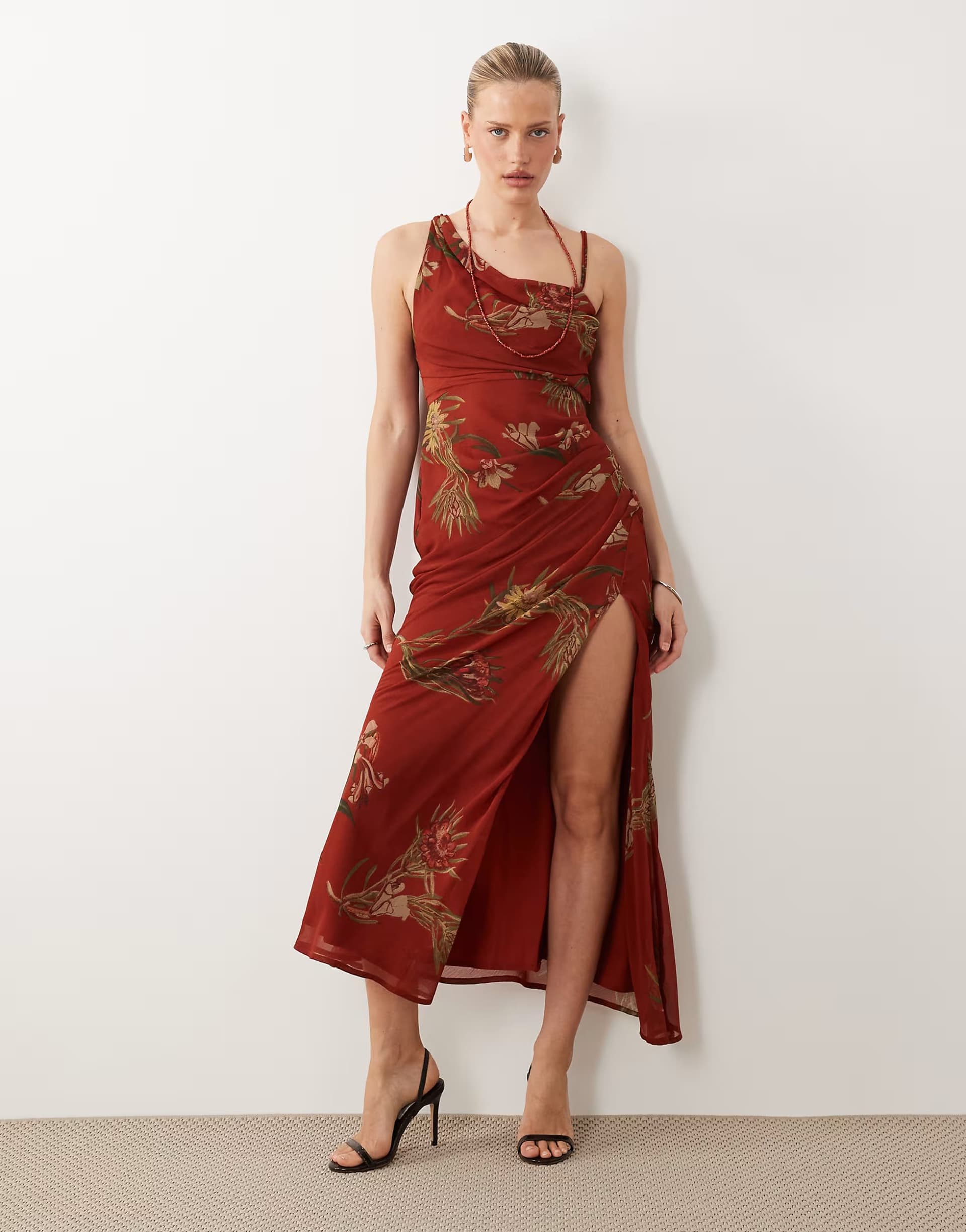 ASOS ASOS DESIGN draped bodice maxi dress with beaded strap detail and open back in rust floral print