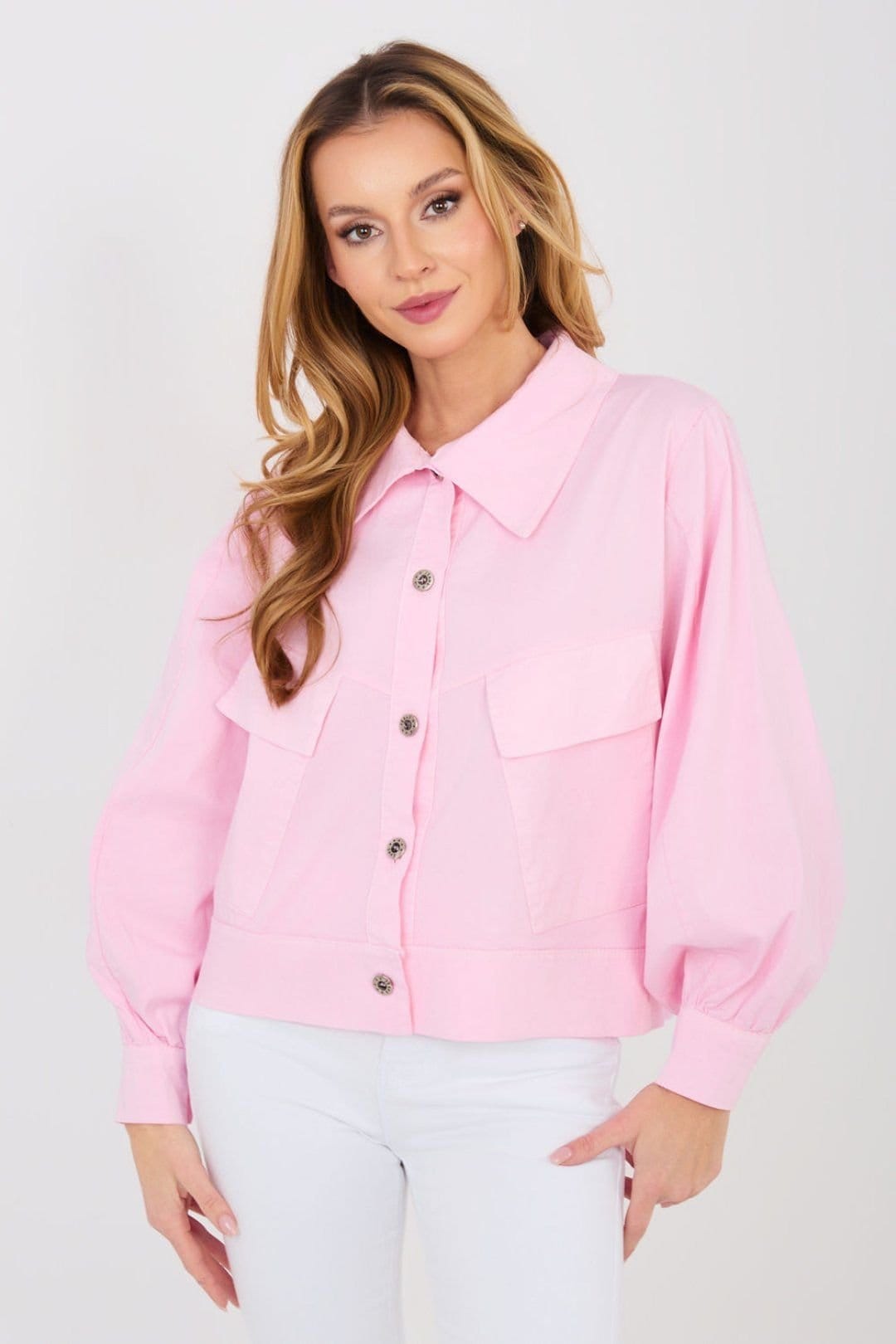 Love Lace Pink Cotton Long Sleeve Casual Shirt with Pockets