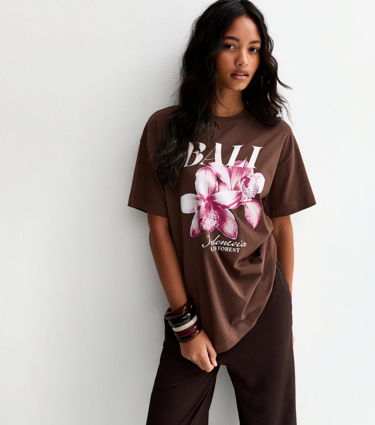New Look Women's Dark Brown Cotton Bali Print Oversized T-Shirt New Look