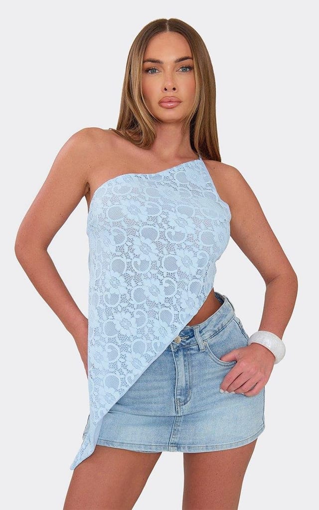 EGO One Shoulder Asymmetric Hem Longline Top In Blue Lace, Women's Size UK 6 - 2