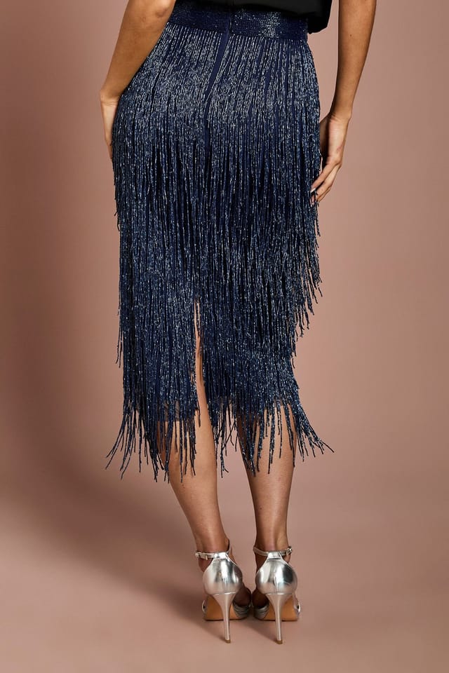 Coast Coast Women's Fringe Embellished Midi Skirt in Navy - 3