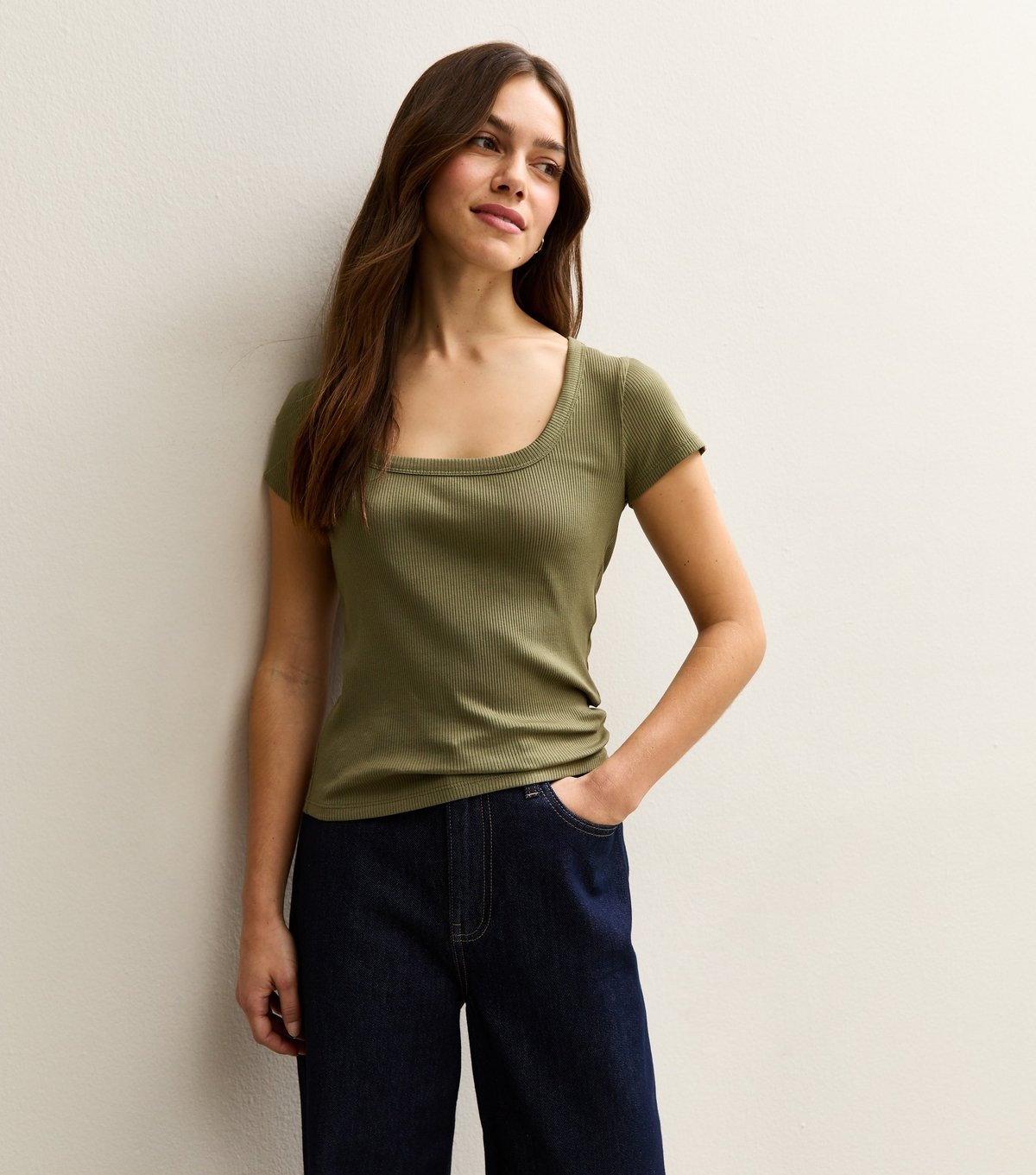 New Look Women's Petite Mid Green Ribbed Square Neck Top New Look - 2