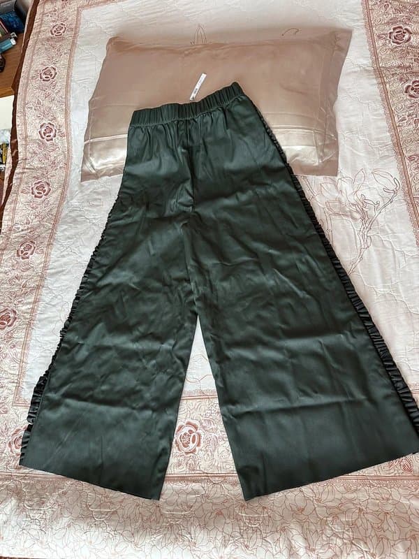 ASOS Asos dark green faux leather ruffle wide leg high waisted pants