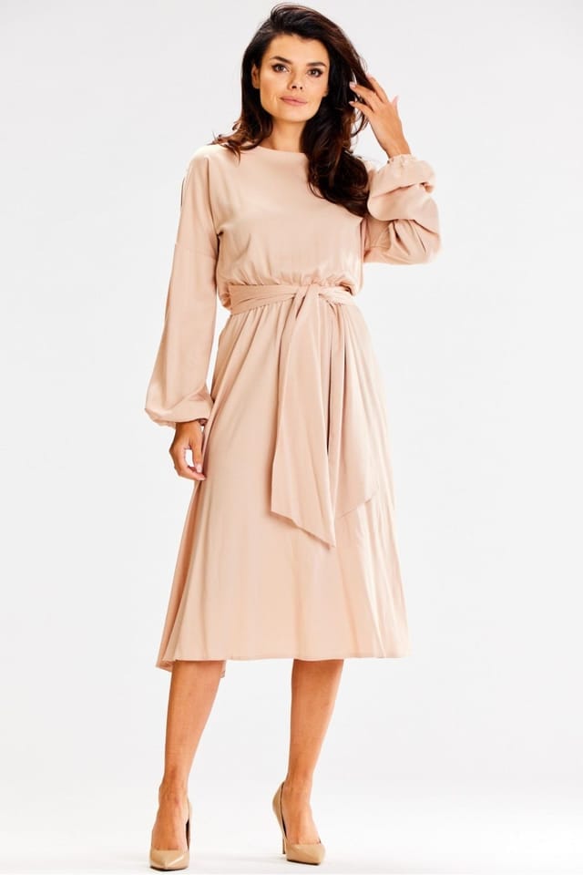 Love Lace Love Lace Women's Elastic Waist Loose Flared Long Sleeve Dress in Beige - 2
