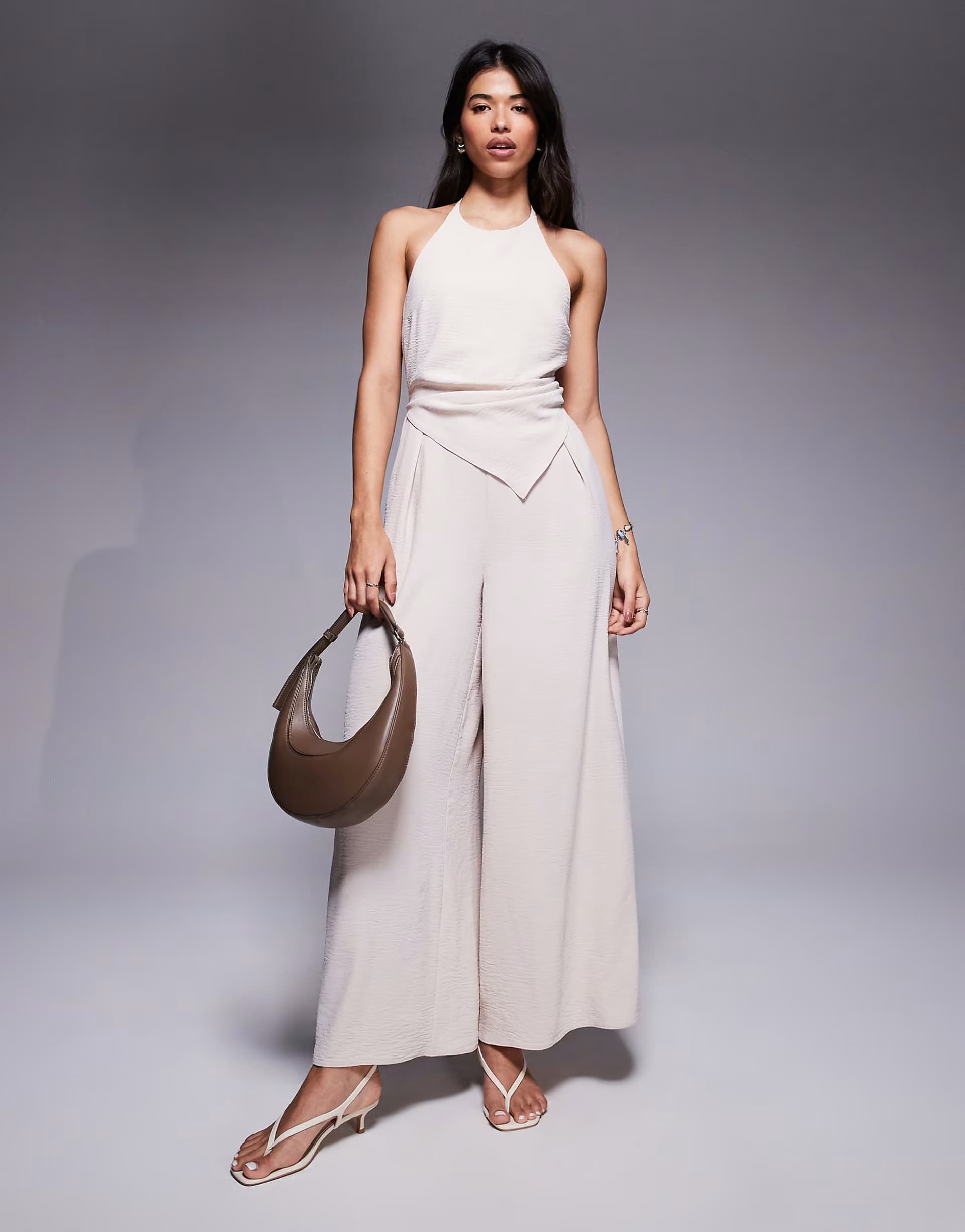 ASOS ASOS DESIGN halter asym overlay detail jumpsuit in stone