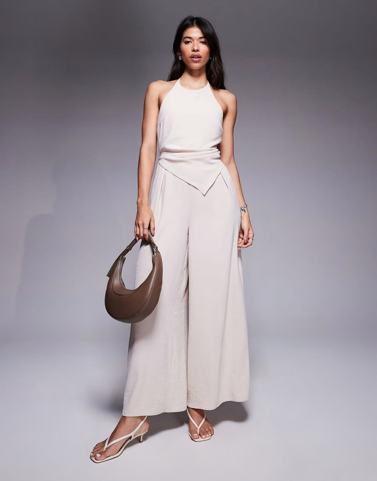 ASOS ASOS DESIGN halter asym overlay detail jumpsuit in stone - 1