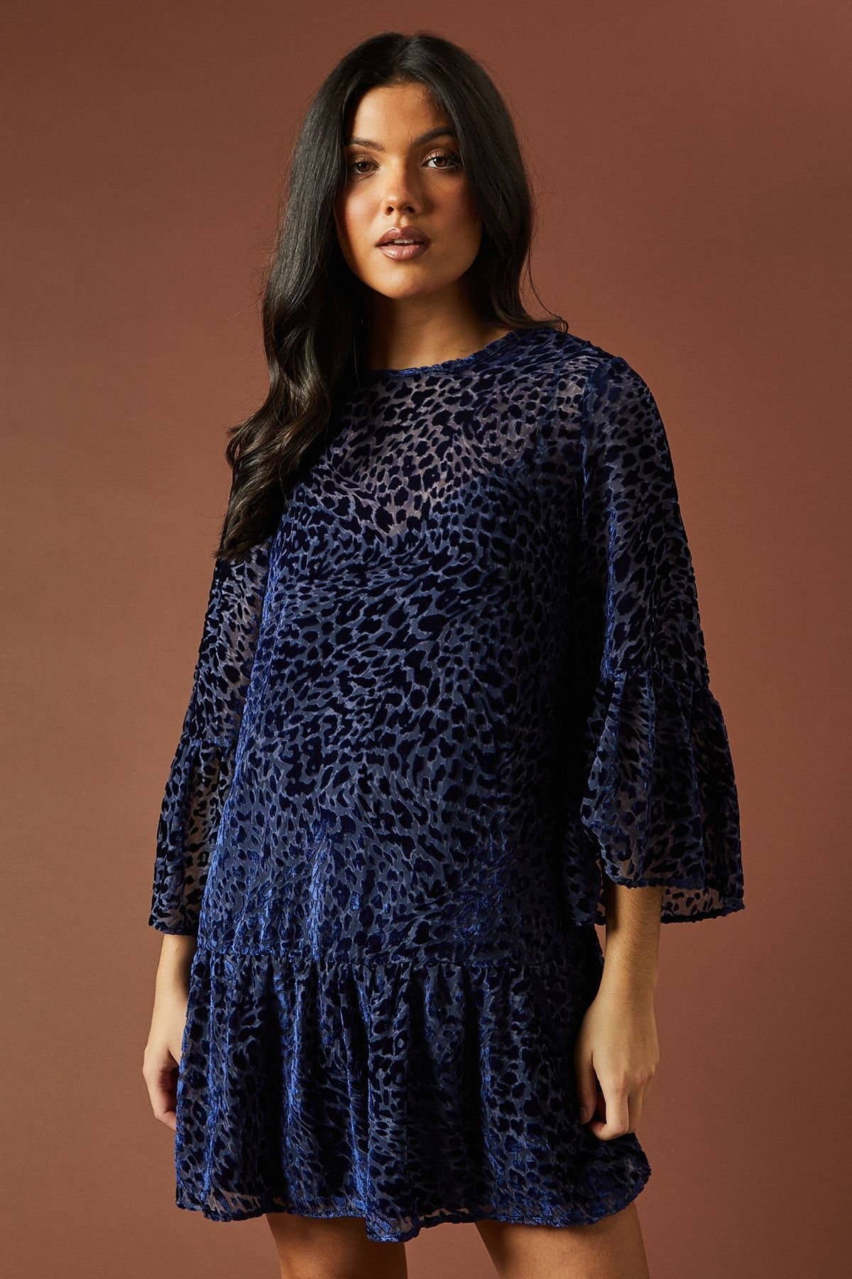 Oasis Oasis Women's Animal Print Velvet Mini Dress in Navy