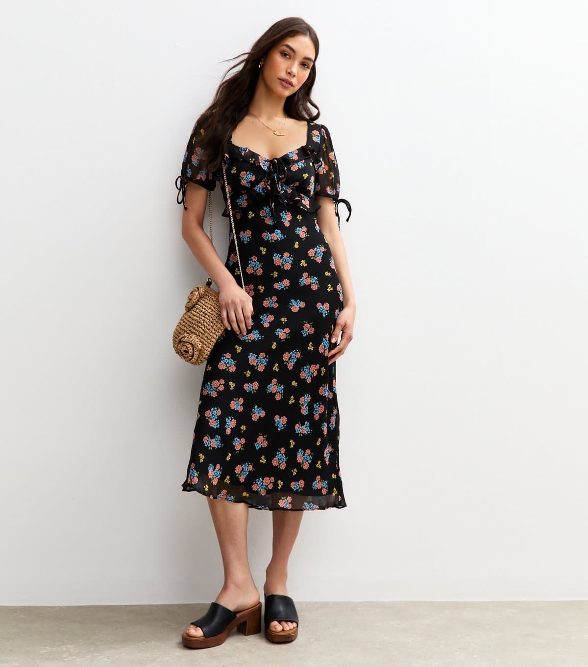 New Look Women's Black Chiffon Floral Print Midi Dress New Look