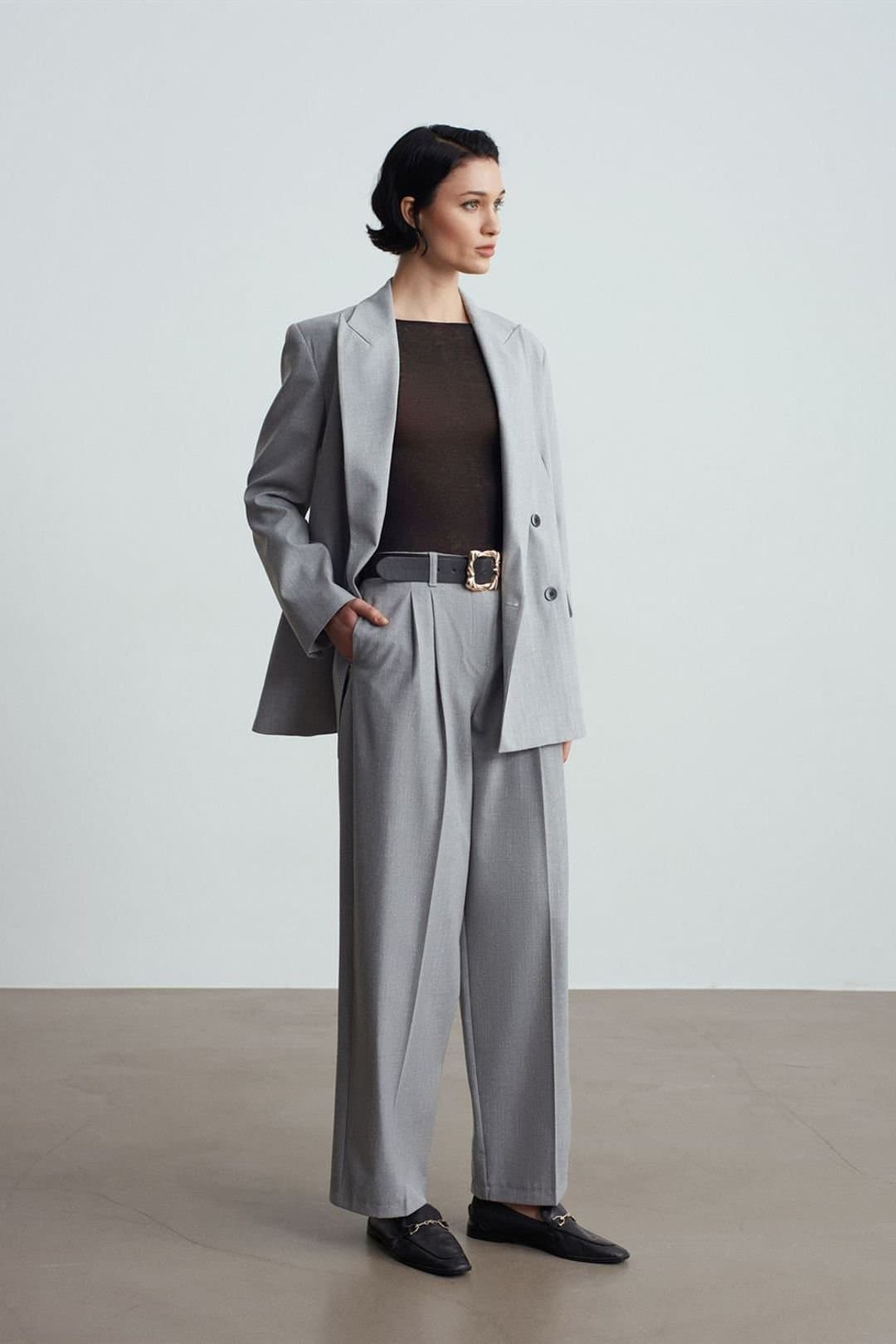 Dilvin Dilvin Women's Belted Wide-leg Palazzo Trousers in Light Grey