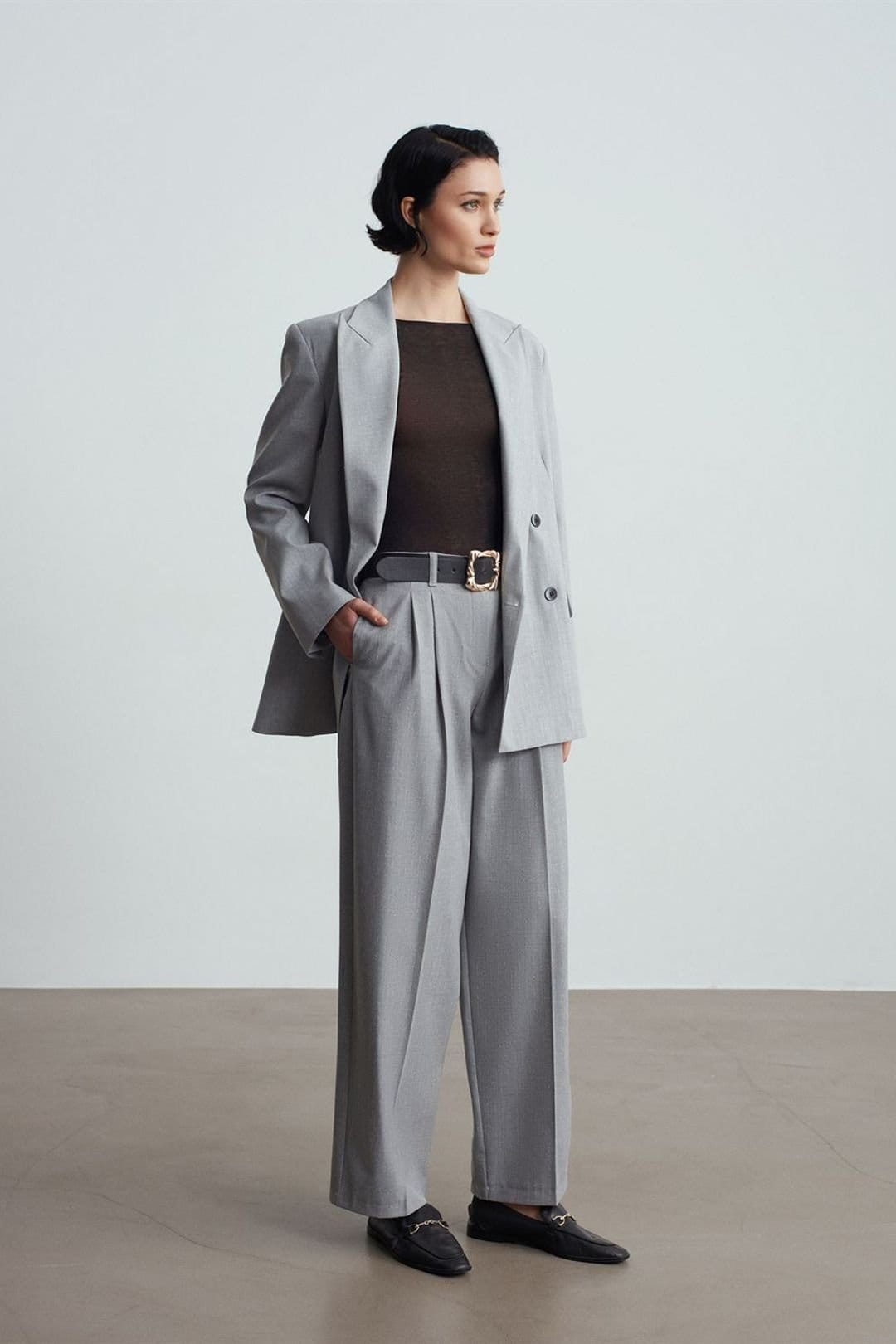 Dilvin Dilvin Women's Belted Wide-leg Palazzo Trousers in Light Grey - 1