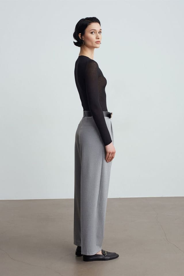 Dilvin Dilvin Women's Belted Wide-leg Palazzo Trousers in Light Grey - 2