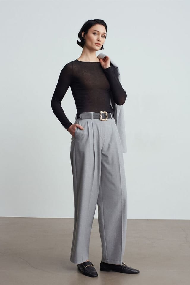 Dilvin Dilvin Women's Belted Wide-leg Palazzo Trousers in Light Grey - 3