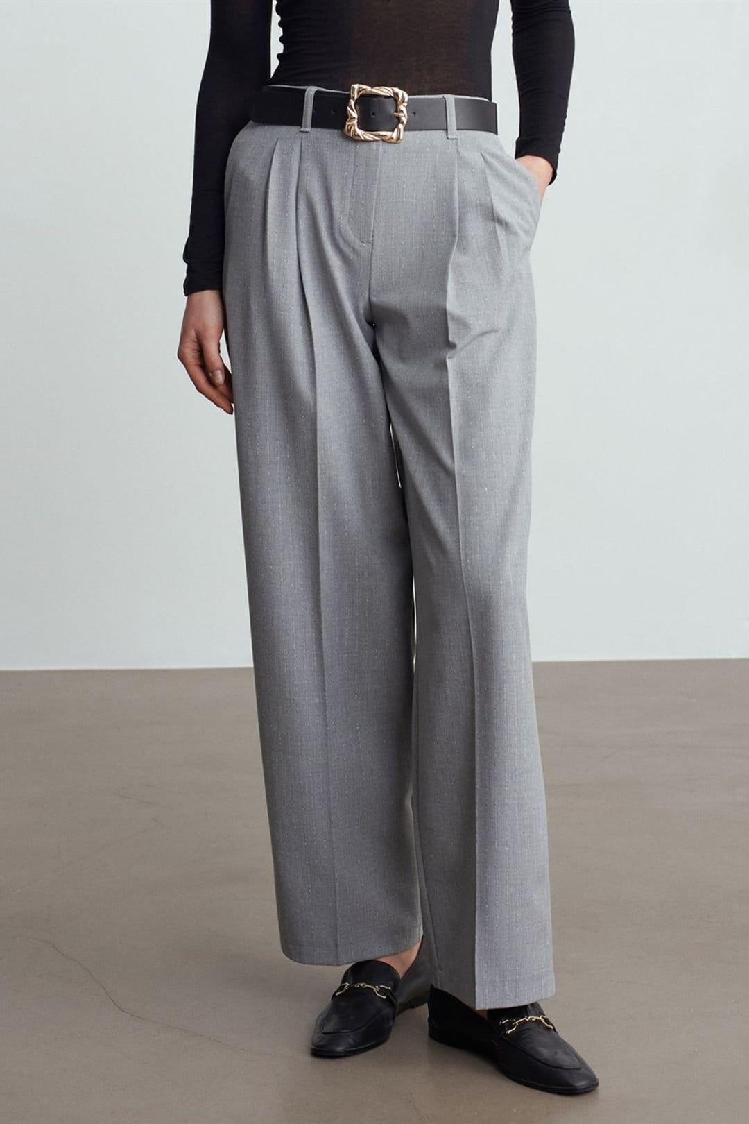 Dilvin Dilvin Women's Belted Wide-leg Palazzo Trousers in Light Grey - 4