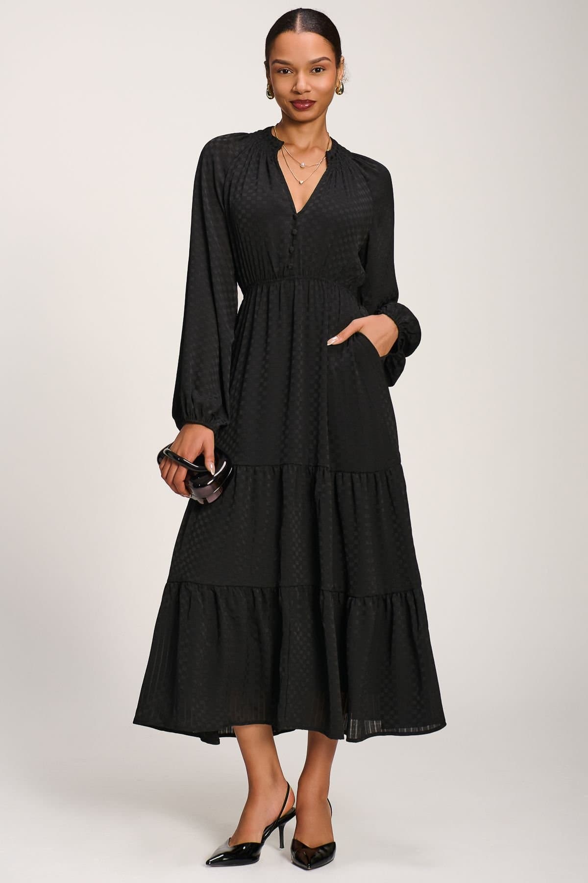 Jolie Moi Jolie Moi Women's Long Sleeve Textured Satin Maxi Dress in Black